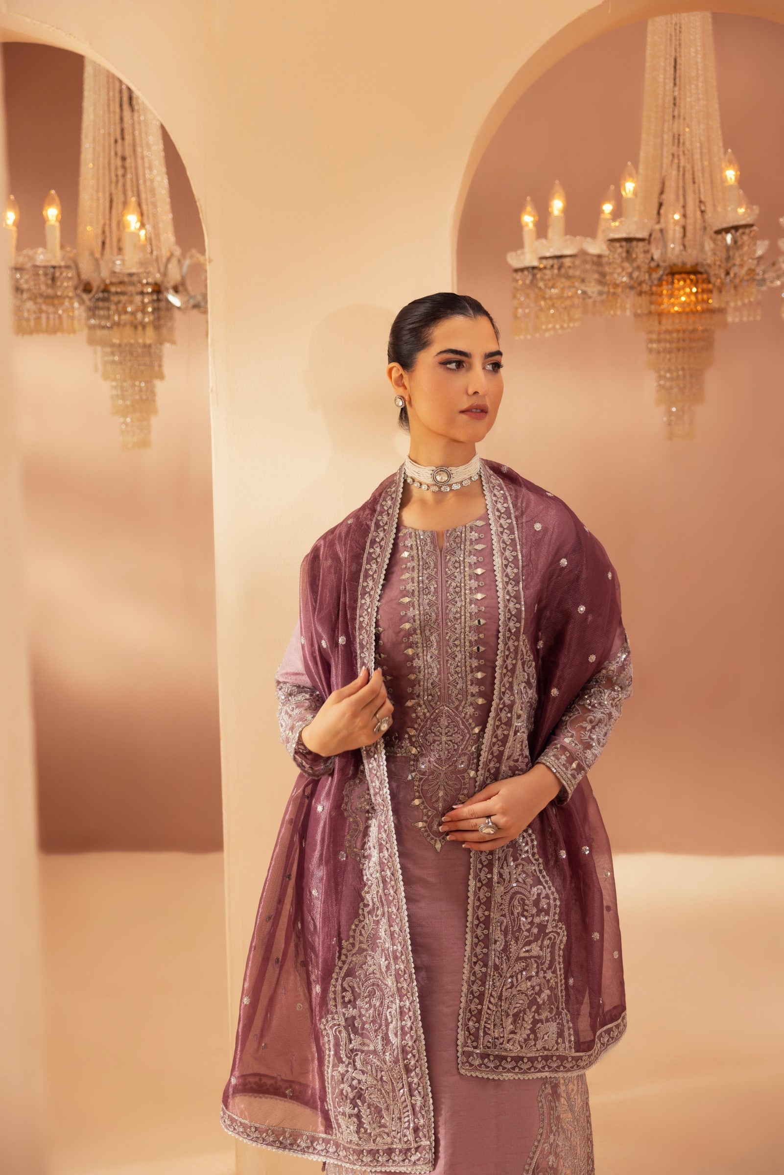 Mauve Embroidered Raw Silk 3-Piece Suit - Image 14