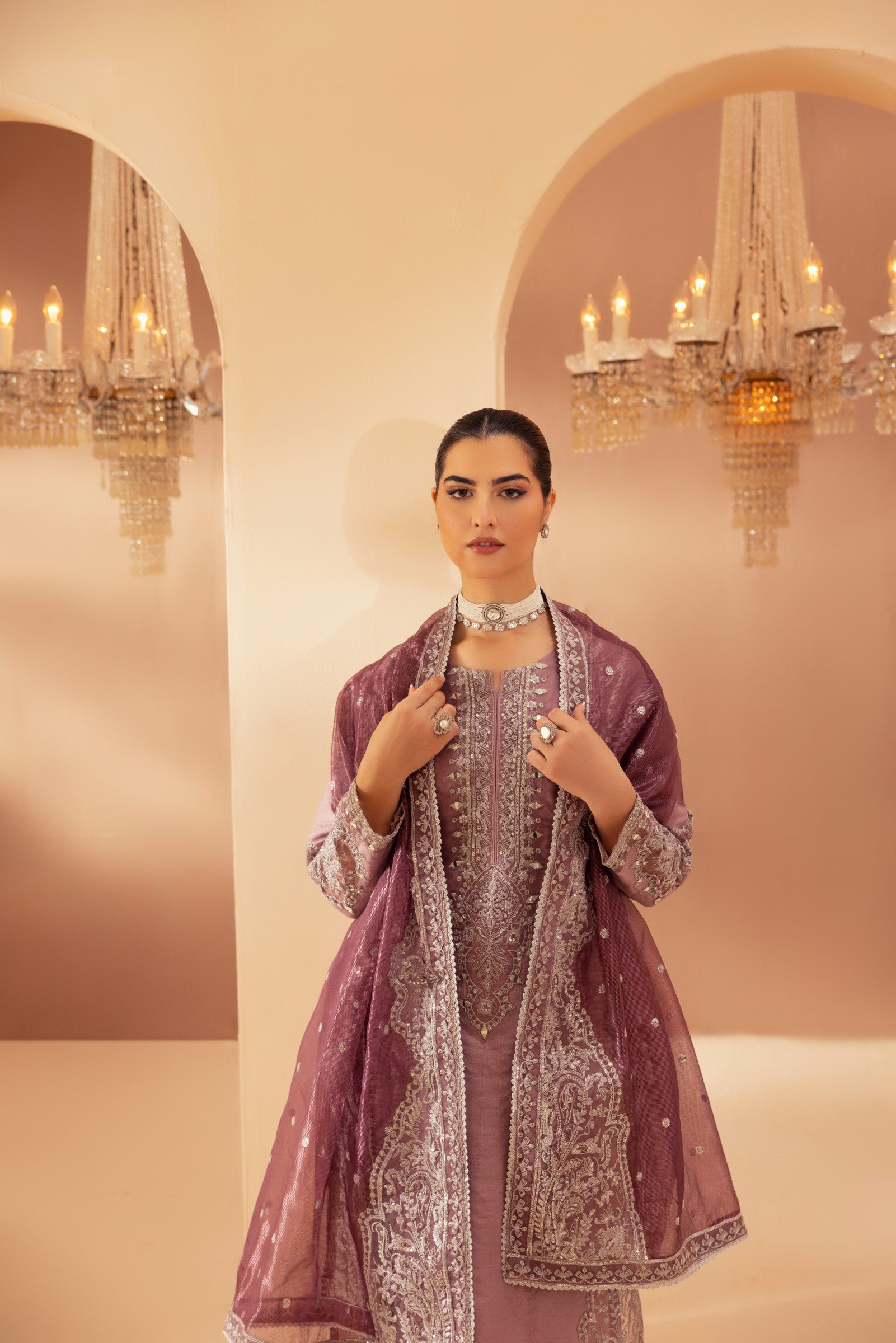 Mauve Embroidered Raw Silk 3-Piece Suit - Image 15