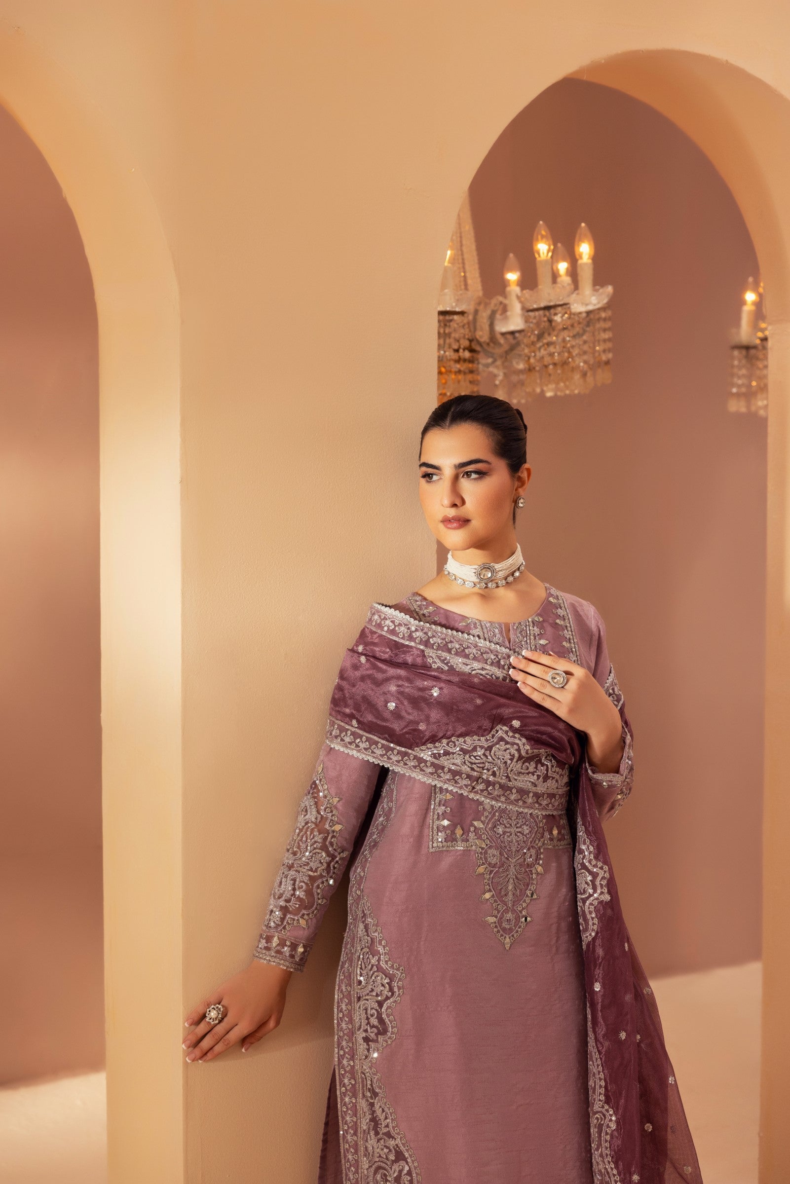 Mauve Embroidered Raw Silk 3-Piece Suit - Image 16