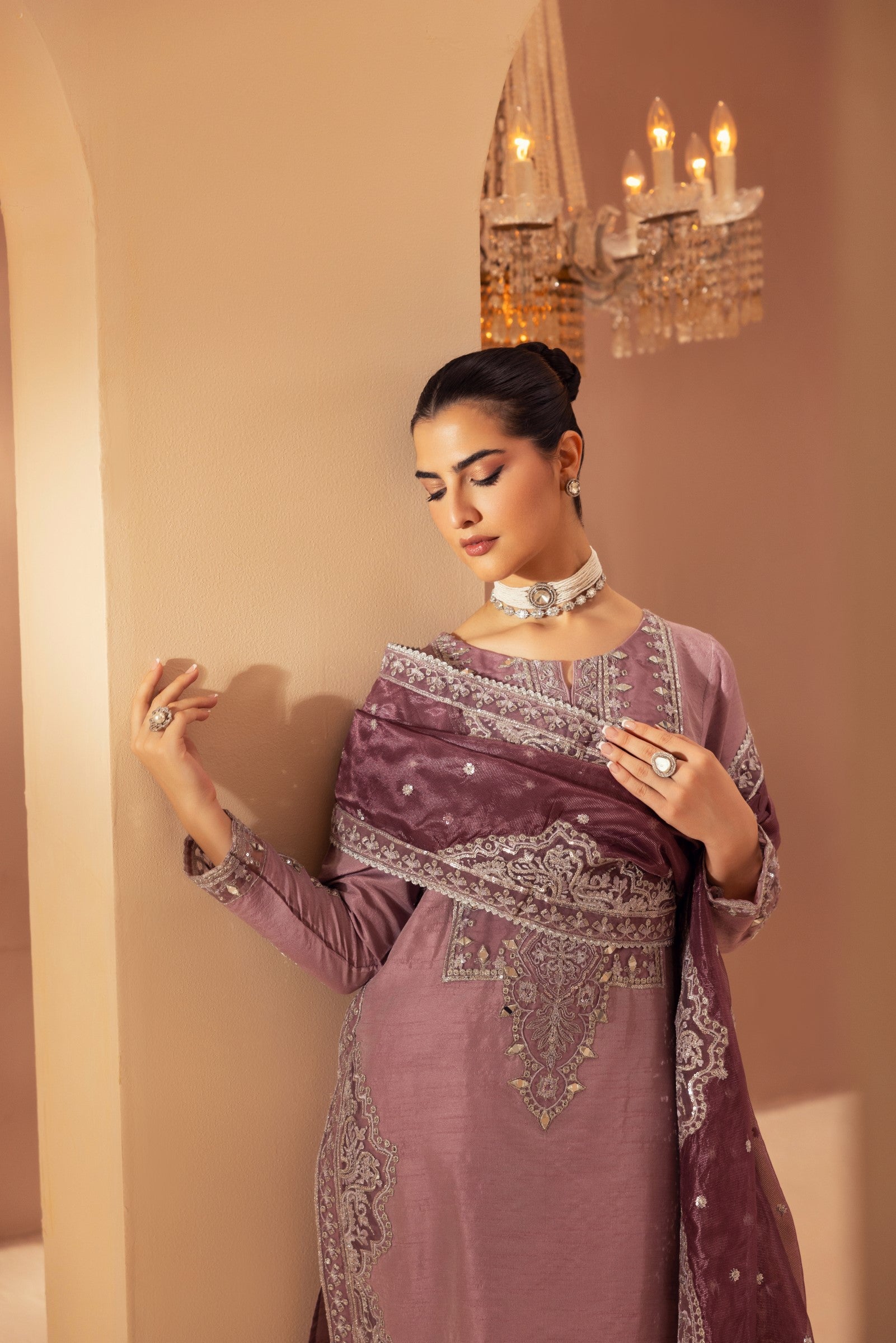 Mauve Embroidered Raw Silk 3-Piece Suit - Image 20