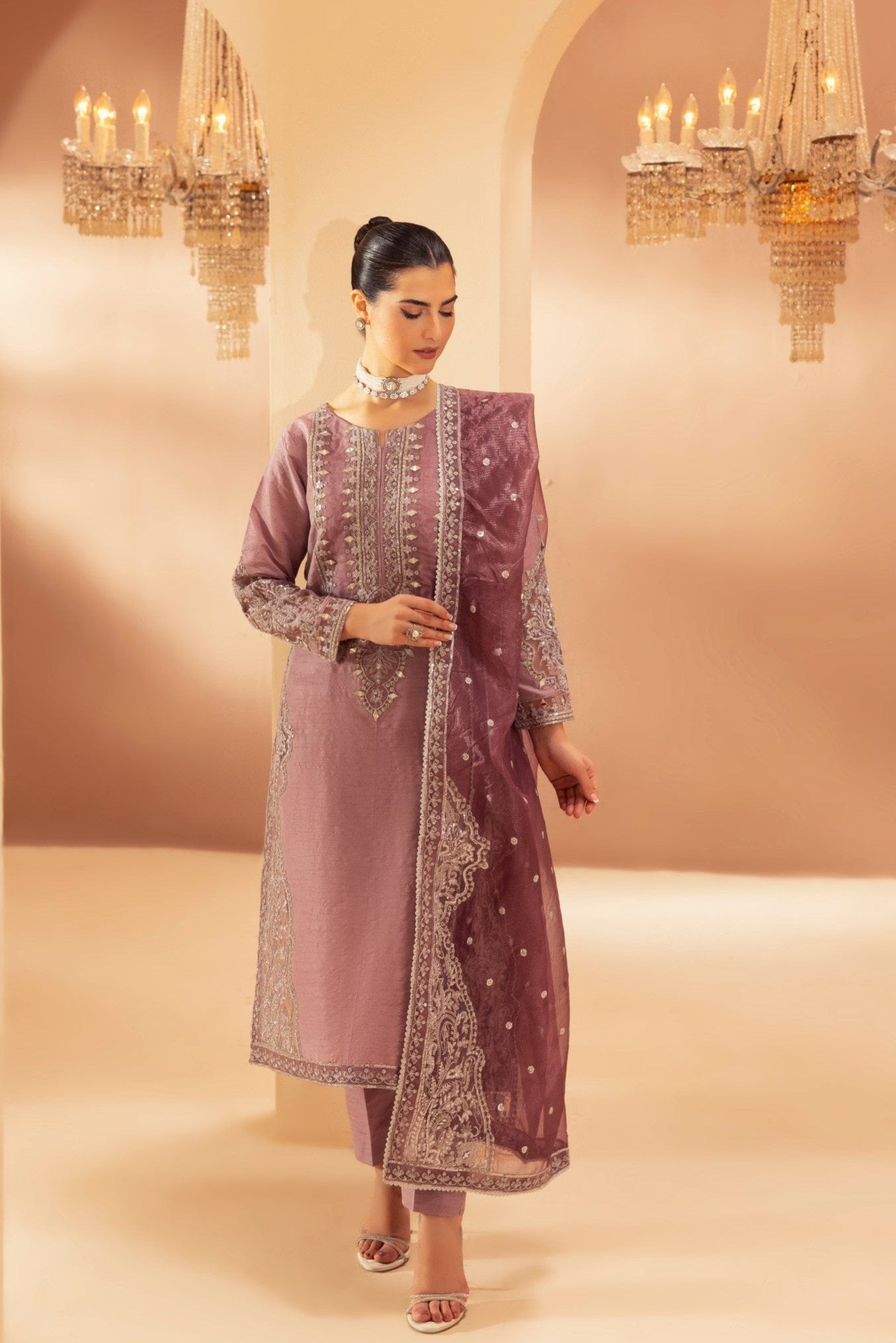 Mauve Embroidered Raw Silk 3-Piece Suit - Image 3