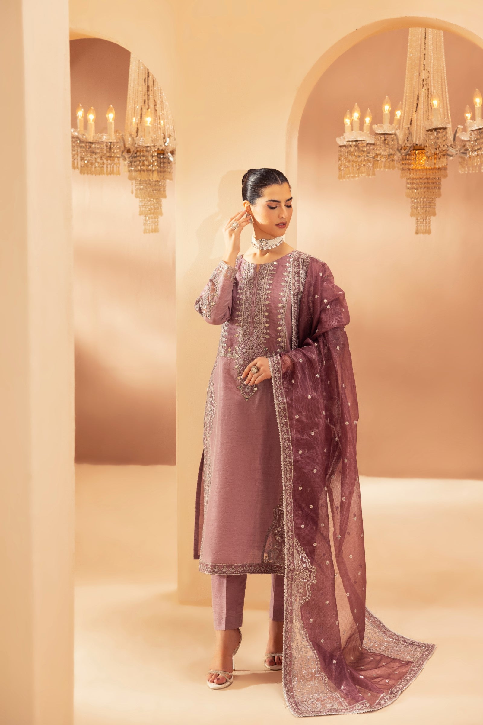 Mauve Embroidered Raw Silk 3-Piece Suit - Image 4