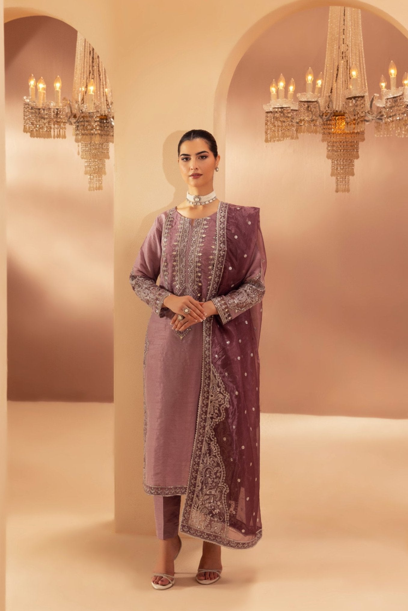 Mauve Embroidered Raw Silk 3-Piece Suit - Image 5