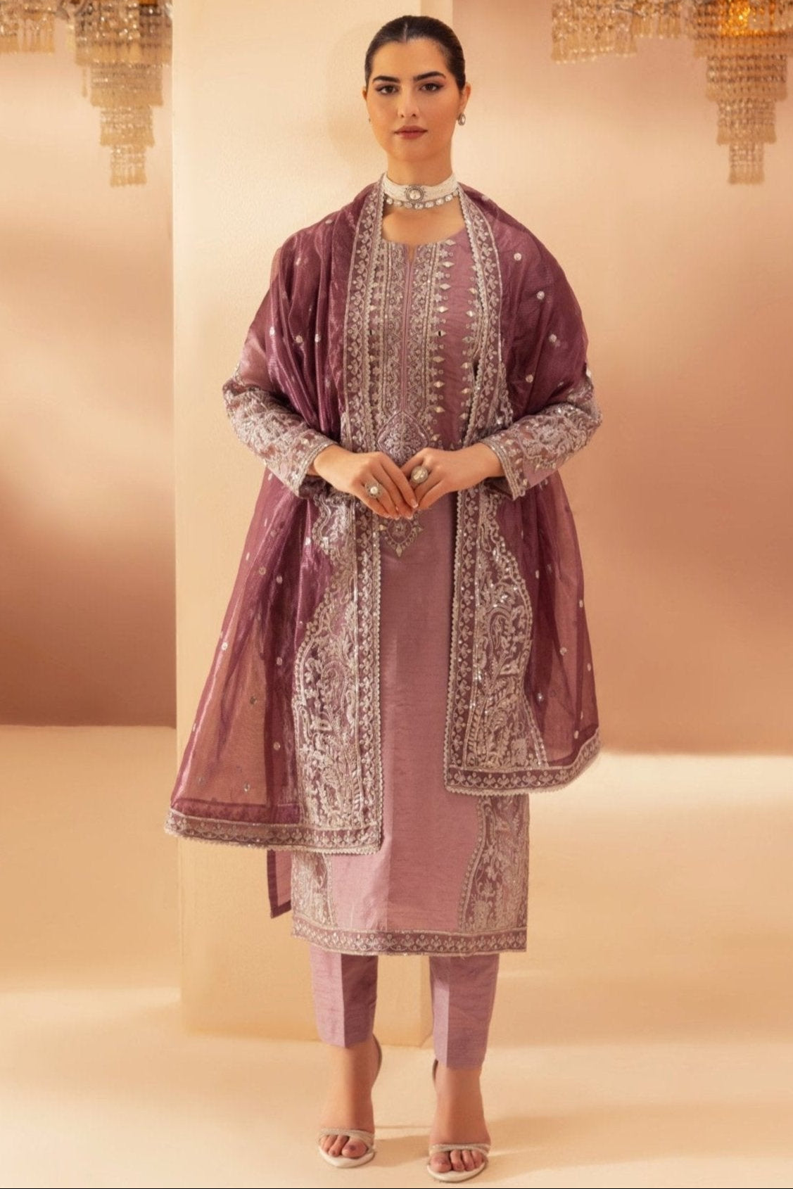 Mauve Embroidered Raw Silk 3-Piece Suit - Image 6