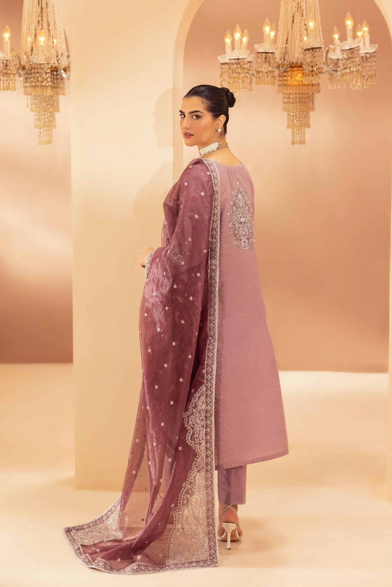 Mauve Embroidered Raw Silk 3-Piece Suit - Image 7