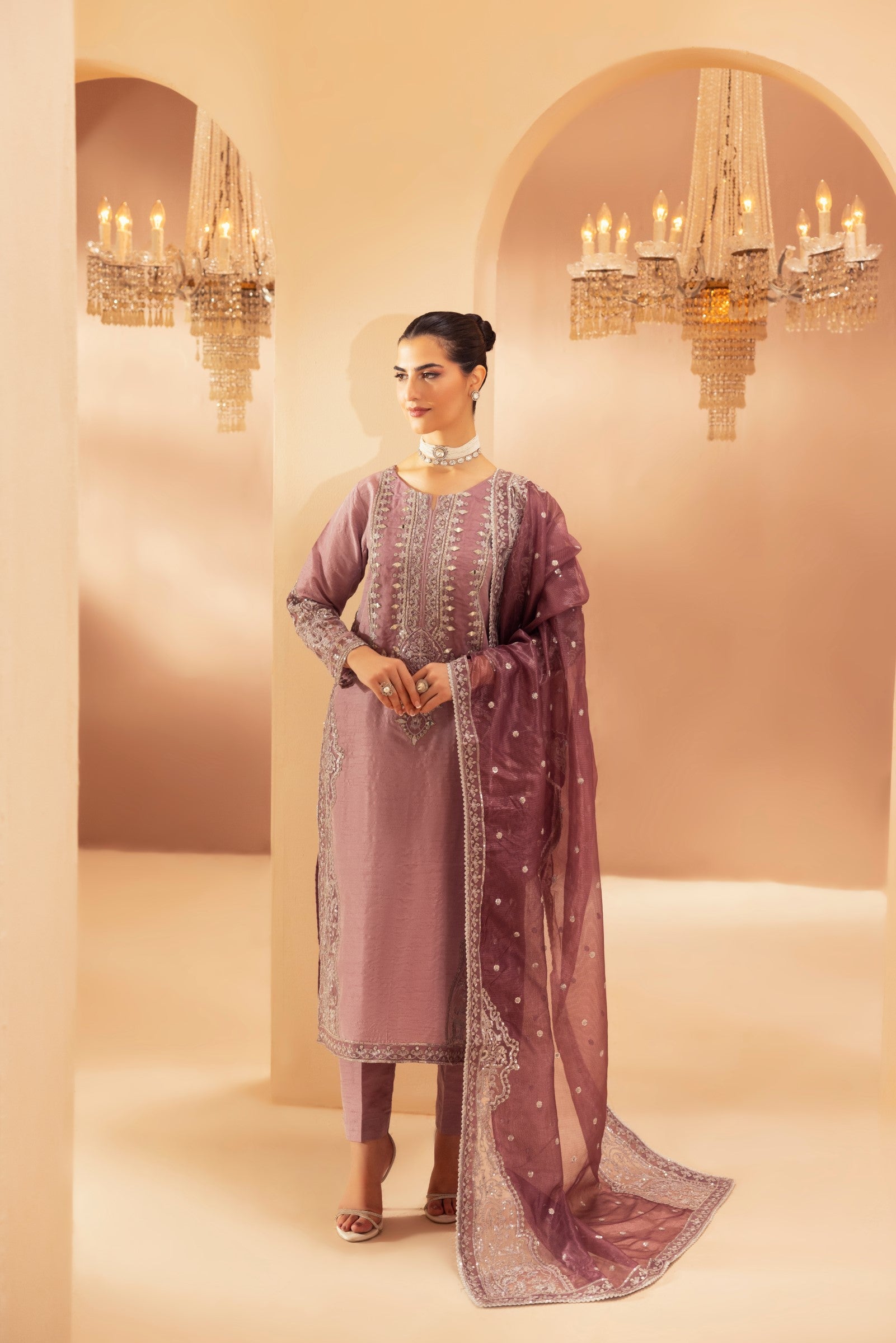 Mauve Embroidered Raw Silk 3-Piece Suit - Image 8