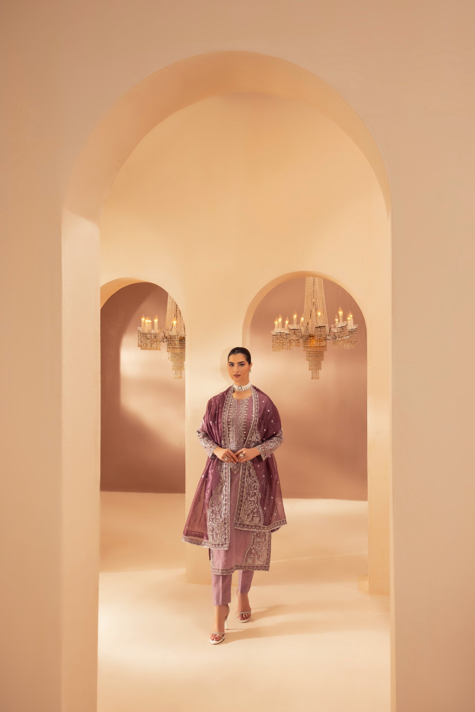 Mauve Embroidered Raw Silk 3-Piece Suit - Image 9