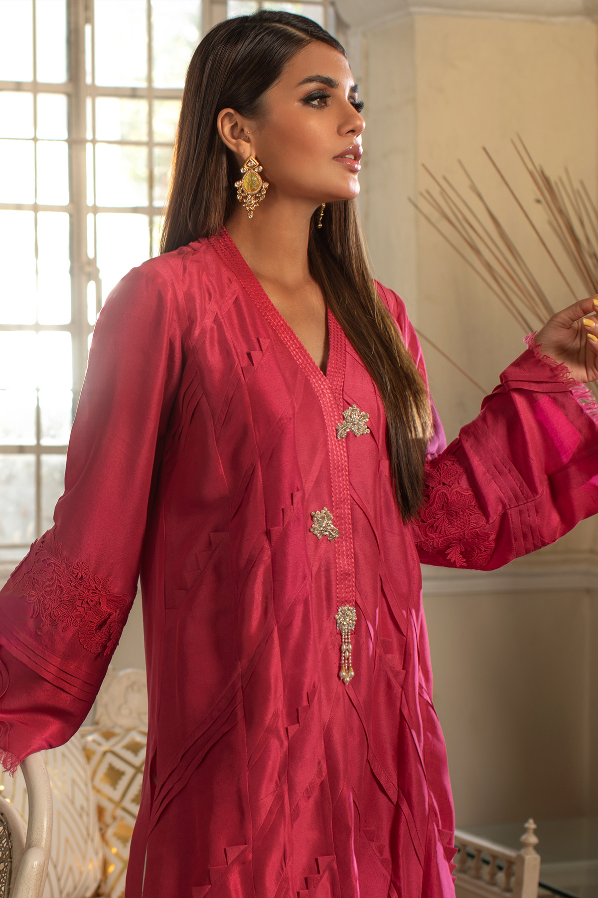 Fuchsia Pearl & Crystal Pure Raw Silk Long Shirt (2-Piece) - Image 7
