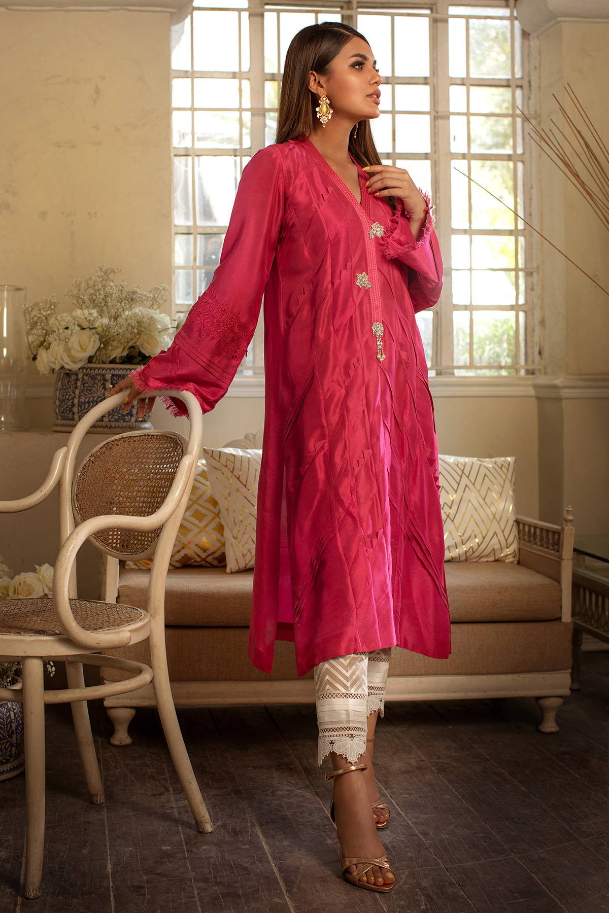 Fuchsia Pearl & Crystal Pure Raw Silk Long Shirt (2-Piece) - Image 8