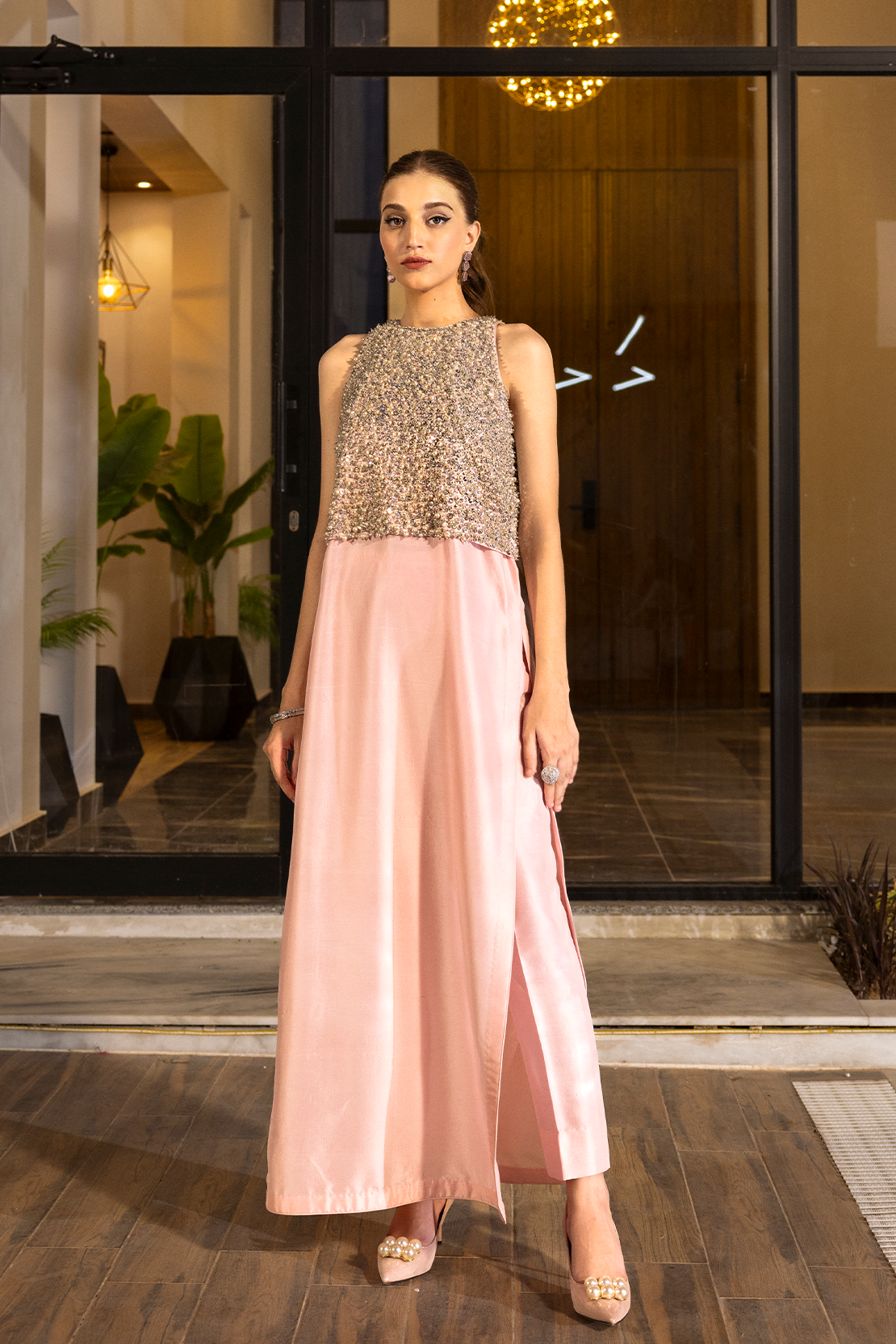 Pakistani Powder Pink Pearl Embellished Raw Silk Salwar Kameez (2-Piece) - Image 1