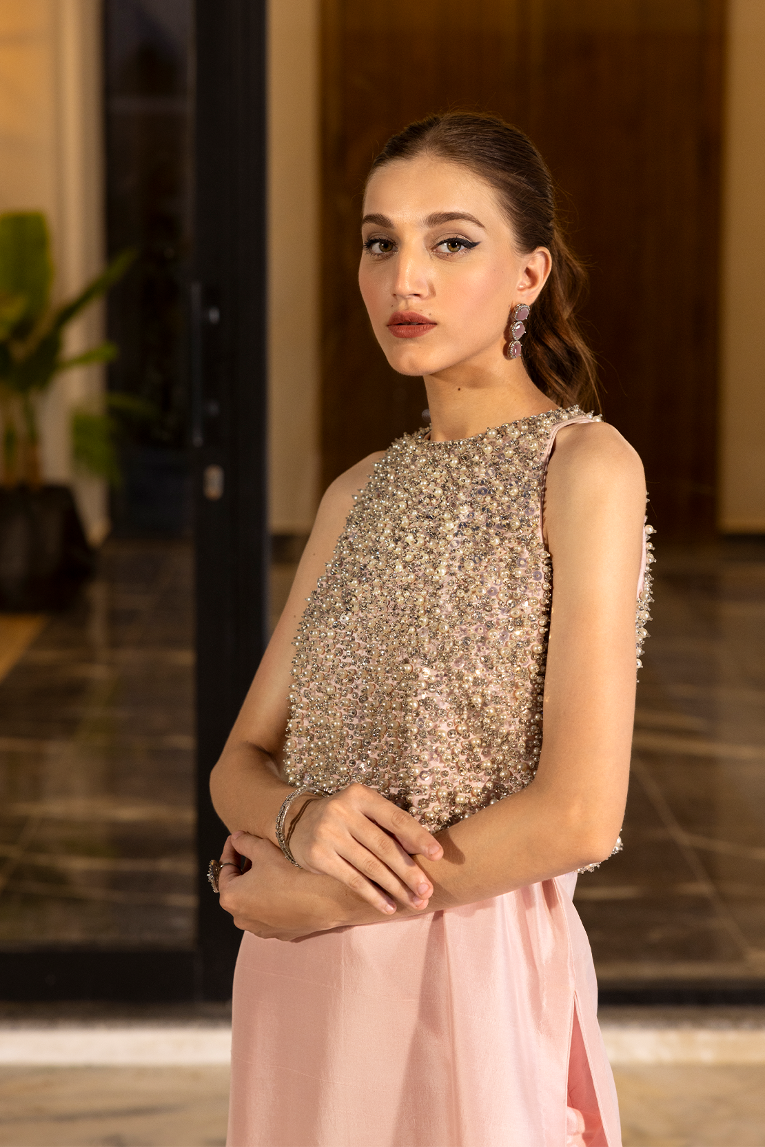 Pakistani Powder Pink Pearl Embellished Raw Silk Salwar Kameez (2-Piece) - Image 2