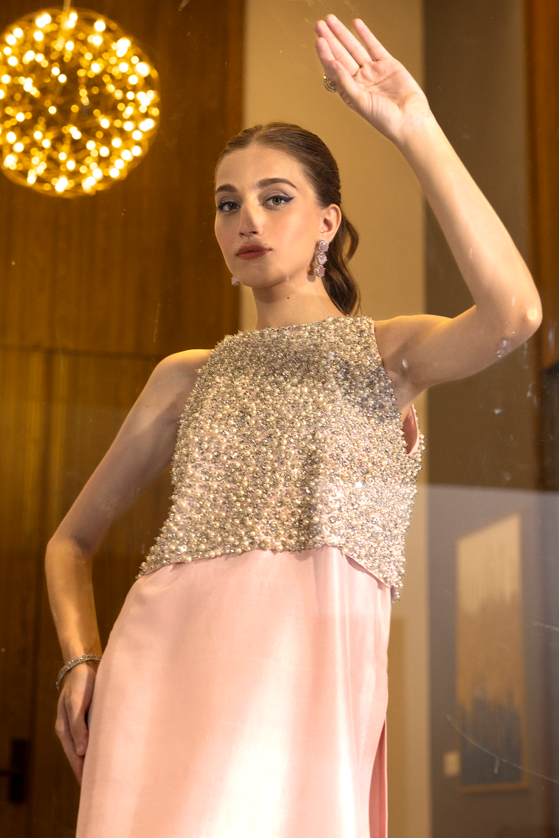 Pakistani Powder Pink Pearl Embellished Raw Silk Salwar Kameez (2-Piece) - Image 8