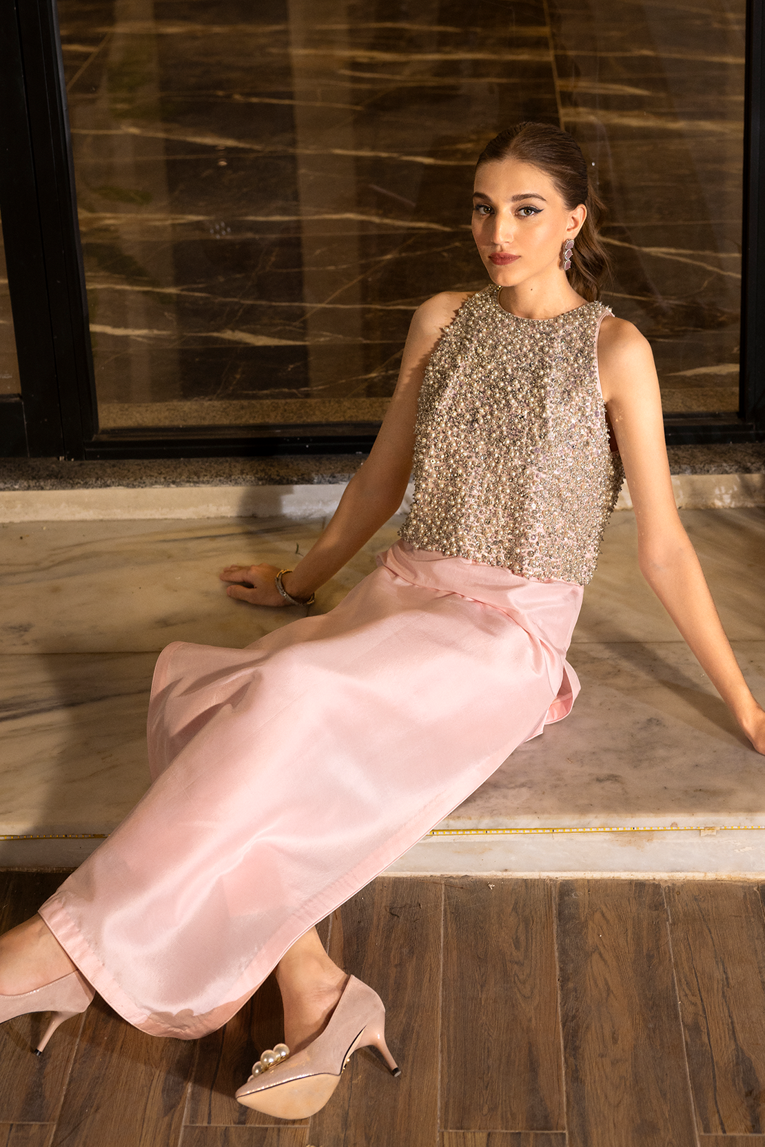 Pakistani Powder Pink Pearl Embellished Raw Silk Salwar Kameez (2-Piece) - Image 9