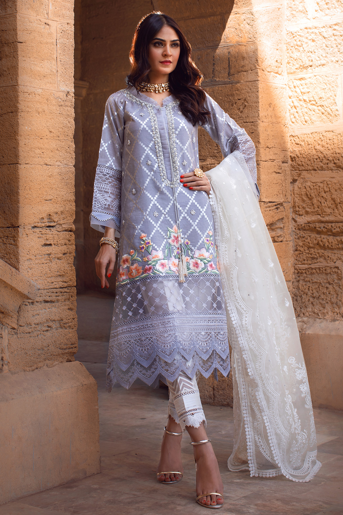 Pakistani Mauve Embroidered Raw Silk Salwar Kameez (3-Piece) - Image 1