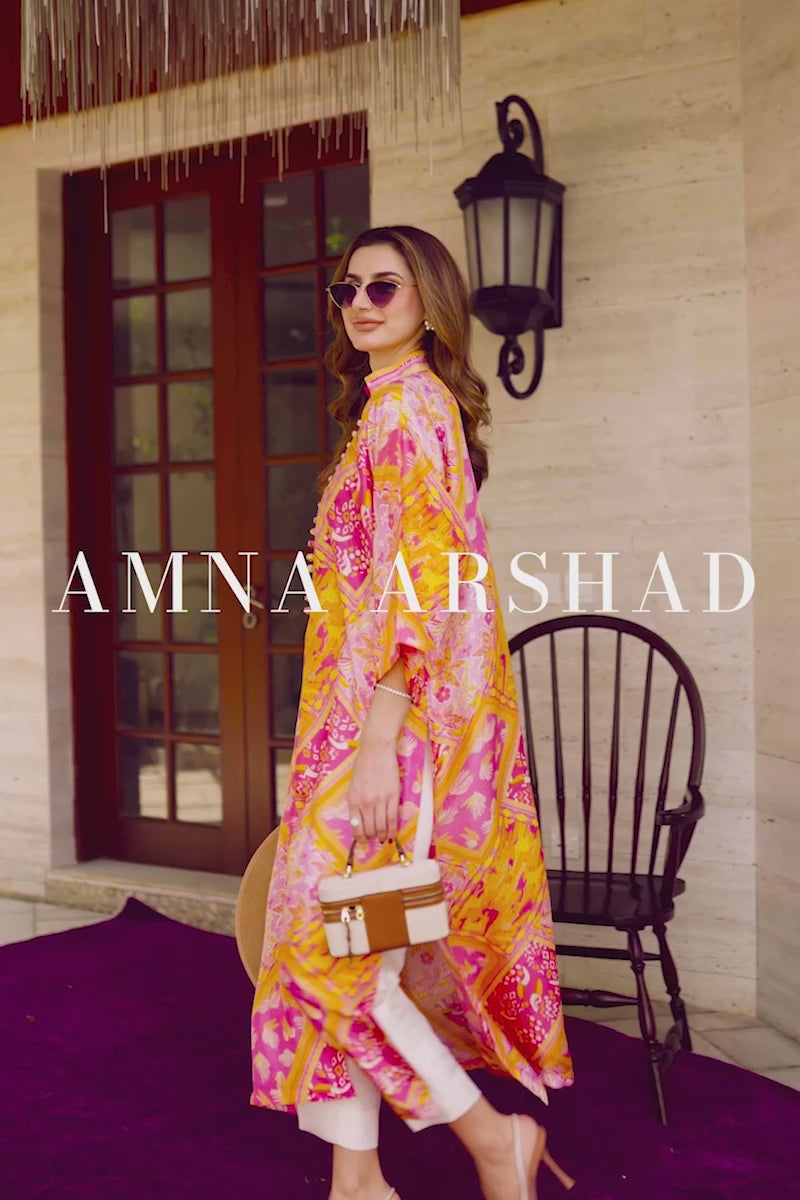 Pink and Orange Printed Raw Silk Long Shirt (2-Piece) - Image 10