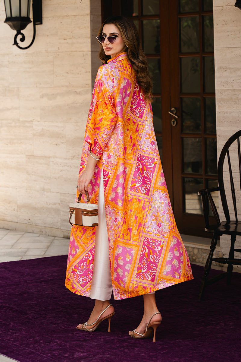 Pink and Orange Printed Raw Silk Long Shirt (2-Piece) - Image 2