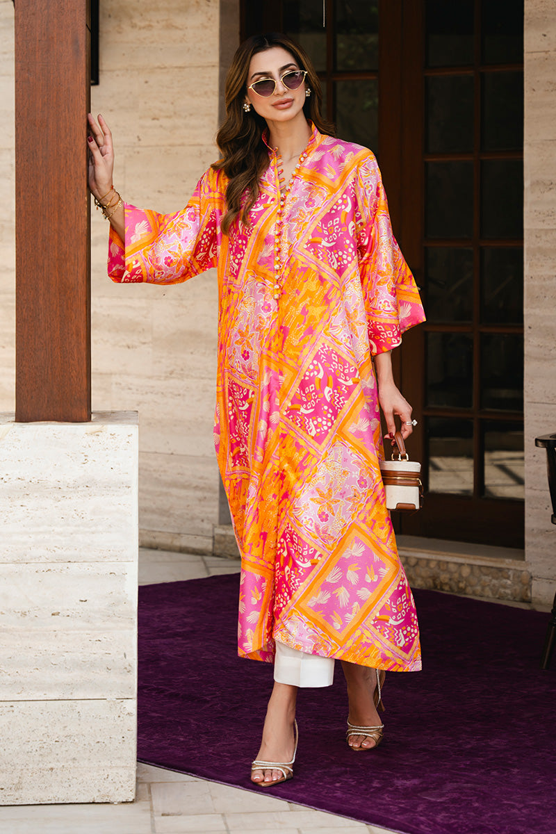 Pink and Orange Printed Raw Silk Long Shirt (2-Piece) - Image 4