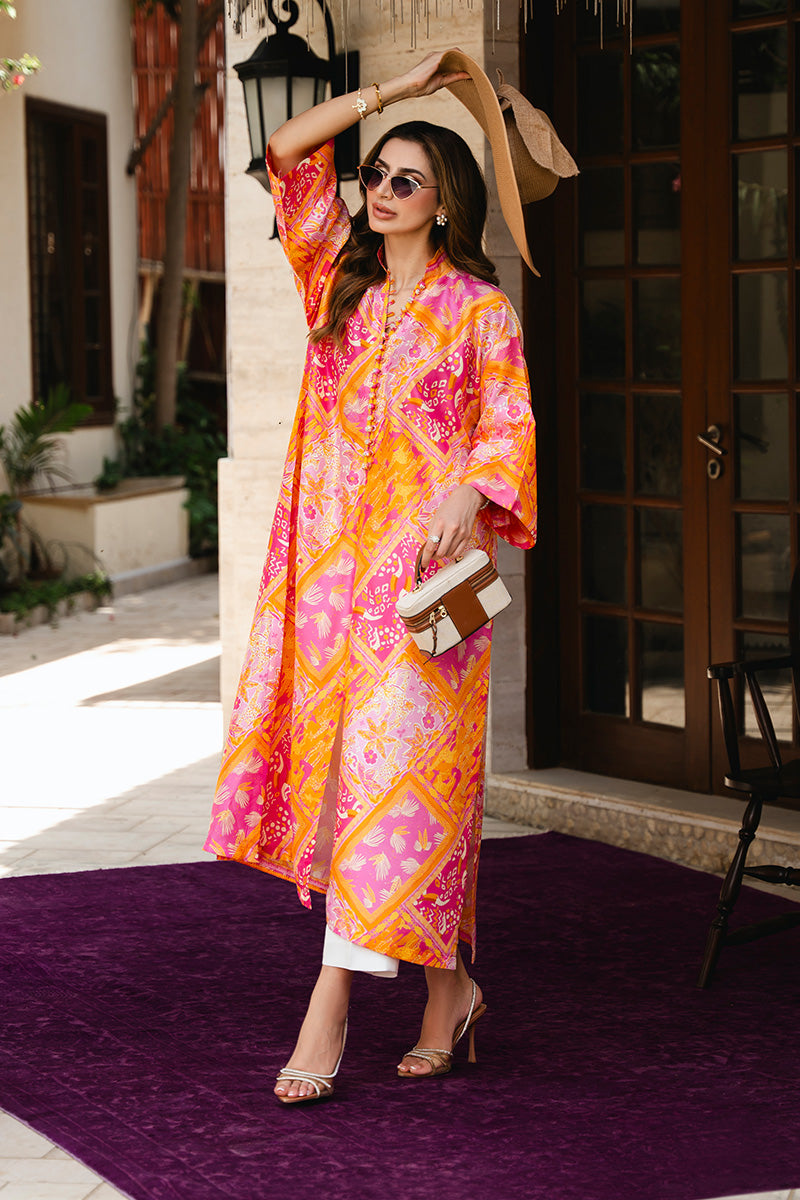 Pink and Orange Printed Raw Silk Long Shirt (2-Piece) - Image 5