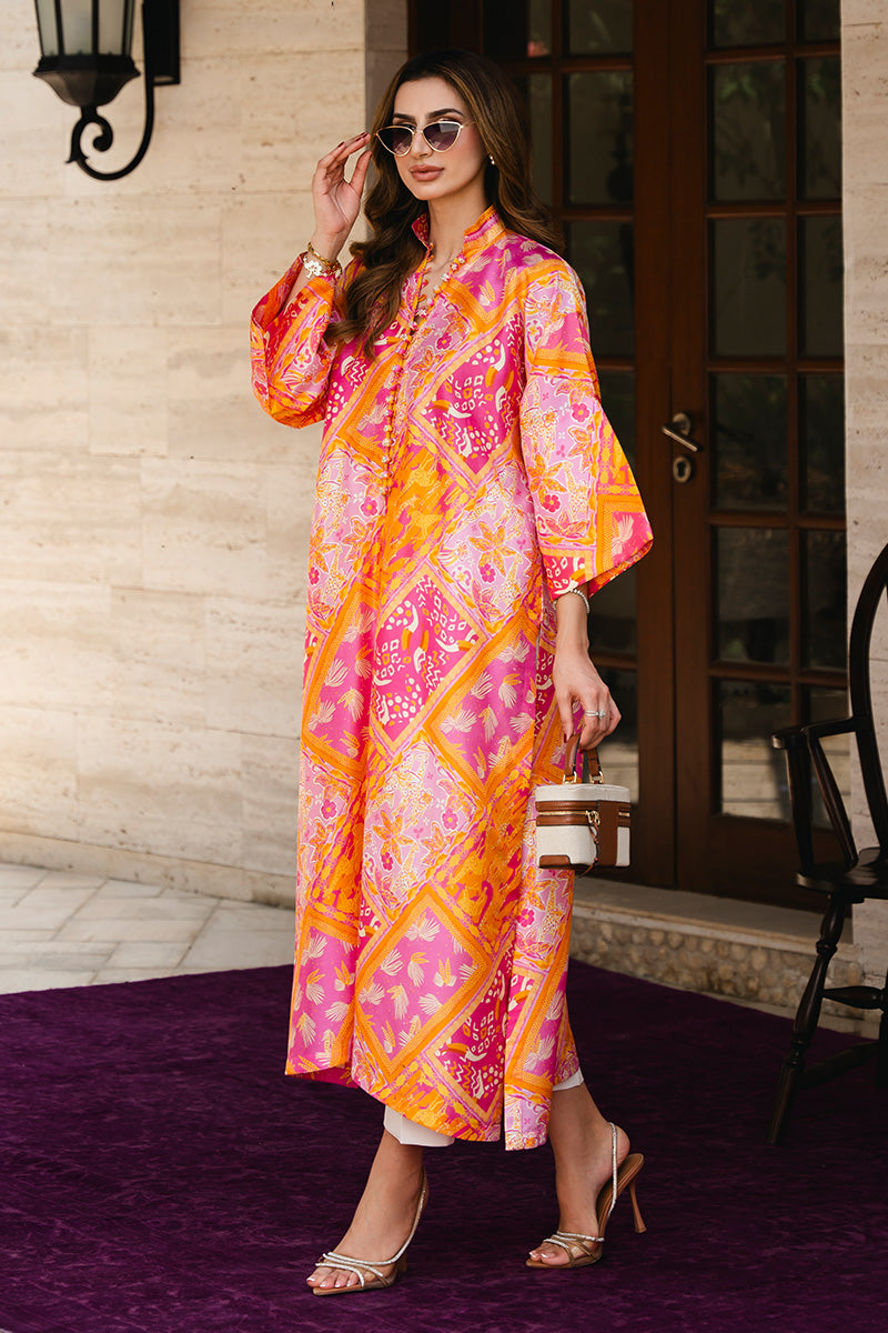 Pink and Orange Printed Raw Silk Long Shirt (2-Piece) - Image 6