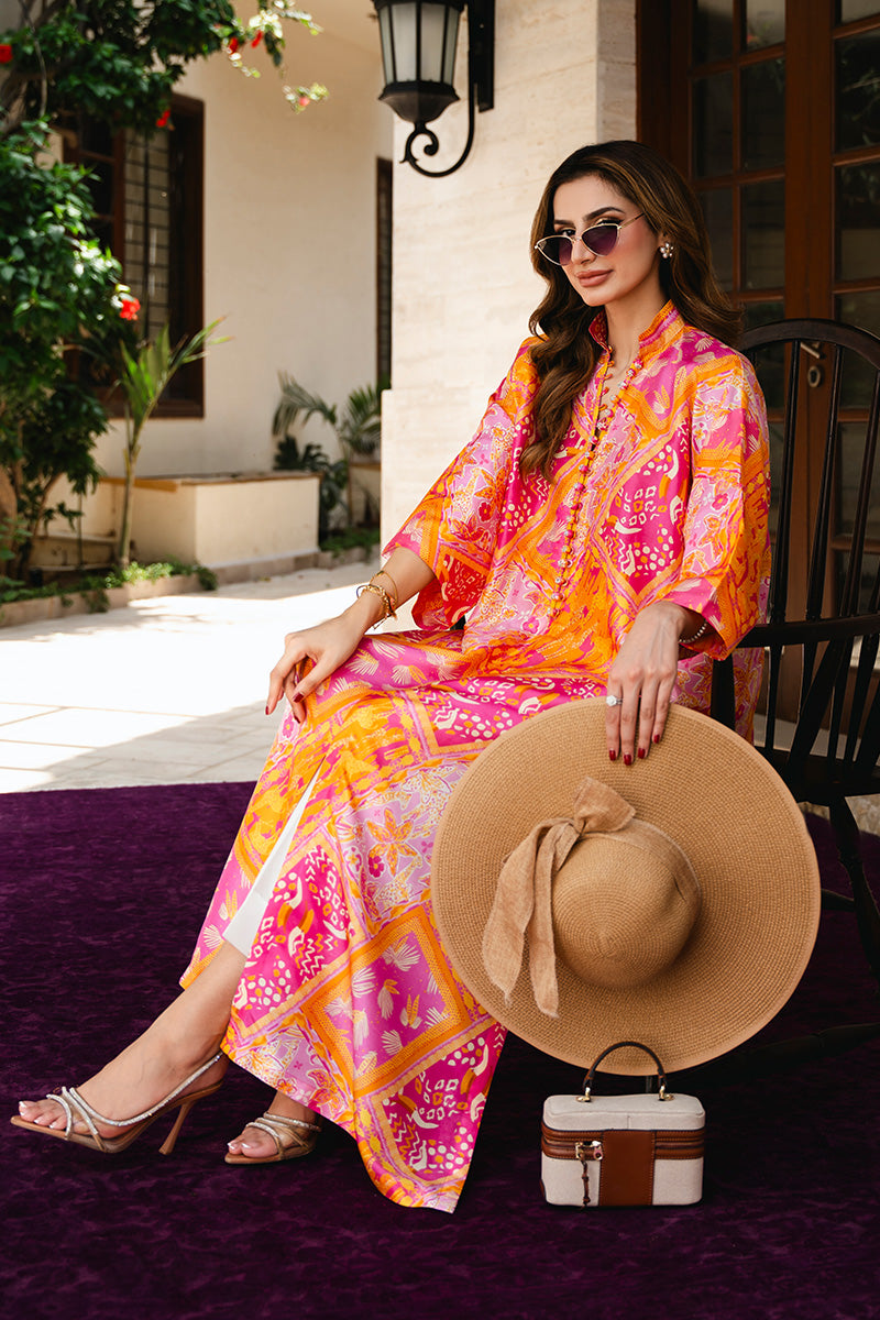 Pink and Orange Printed Raw Silk Long Shirt (2-Piece) - Image 7