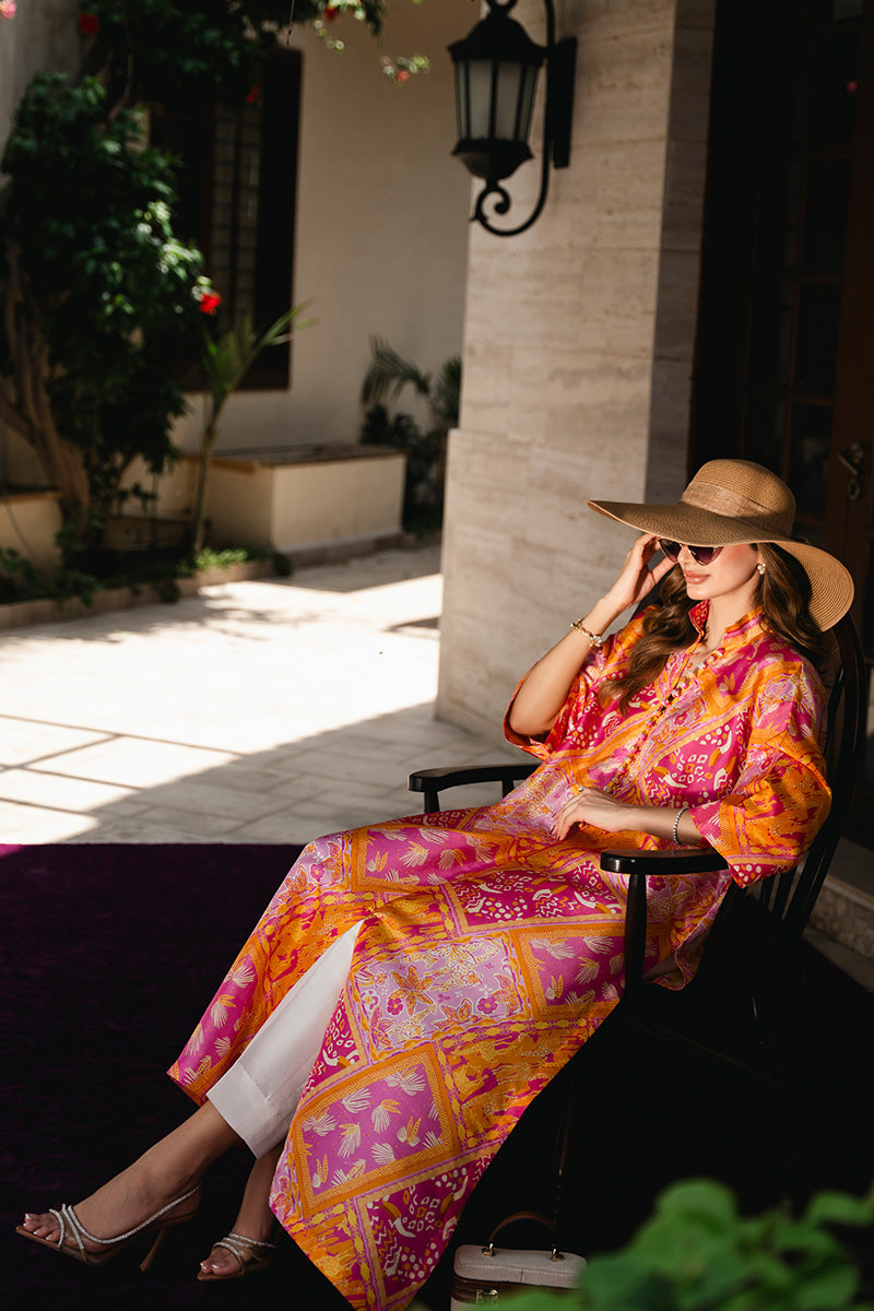 Pink and Orange Printed Raw Silk Long Shirt (2-Piece) - Image 8