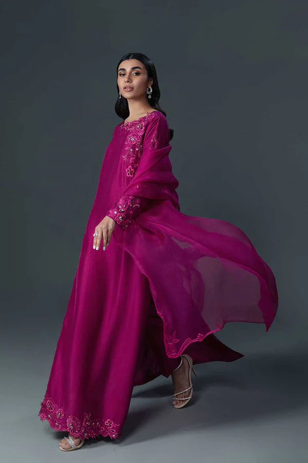 Pakistani Fuchsia Embroidered Pure Raw Silk Salwar Kameez (3-Piece) - Image 2
