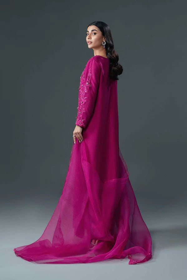 Pakistani Fuchsia Embroidered Pure Raw Silk Salwar Kameez (3-Piece) - Image 3