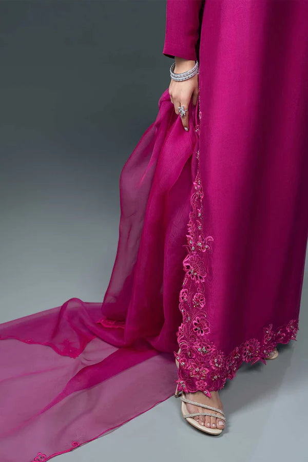 Pakistani Fuchsia Embroidered Pure Raw Silk Salwar Kameez (3-Piece) - Image 4