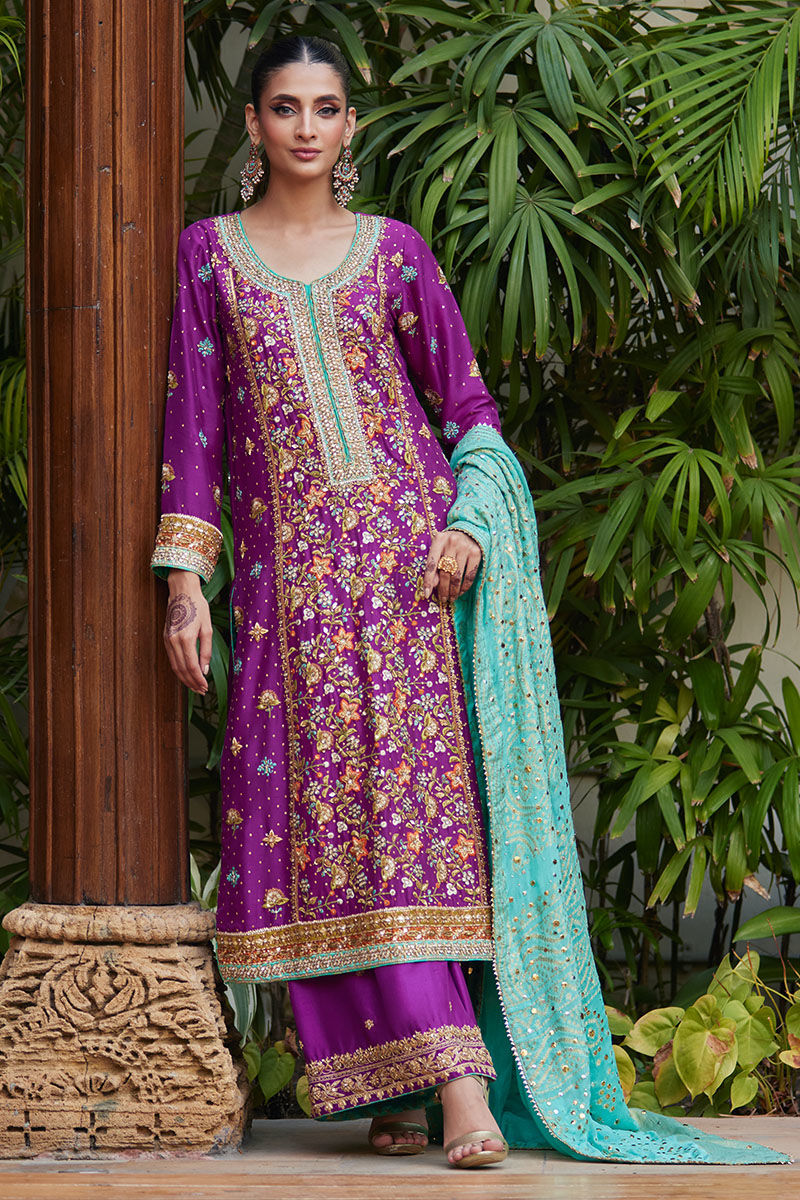 Pakistani Magenta Aqua Embroidered Raw Silk Salwar Kameez (3-Piece) - Image 1