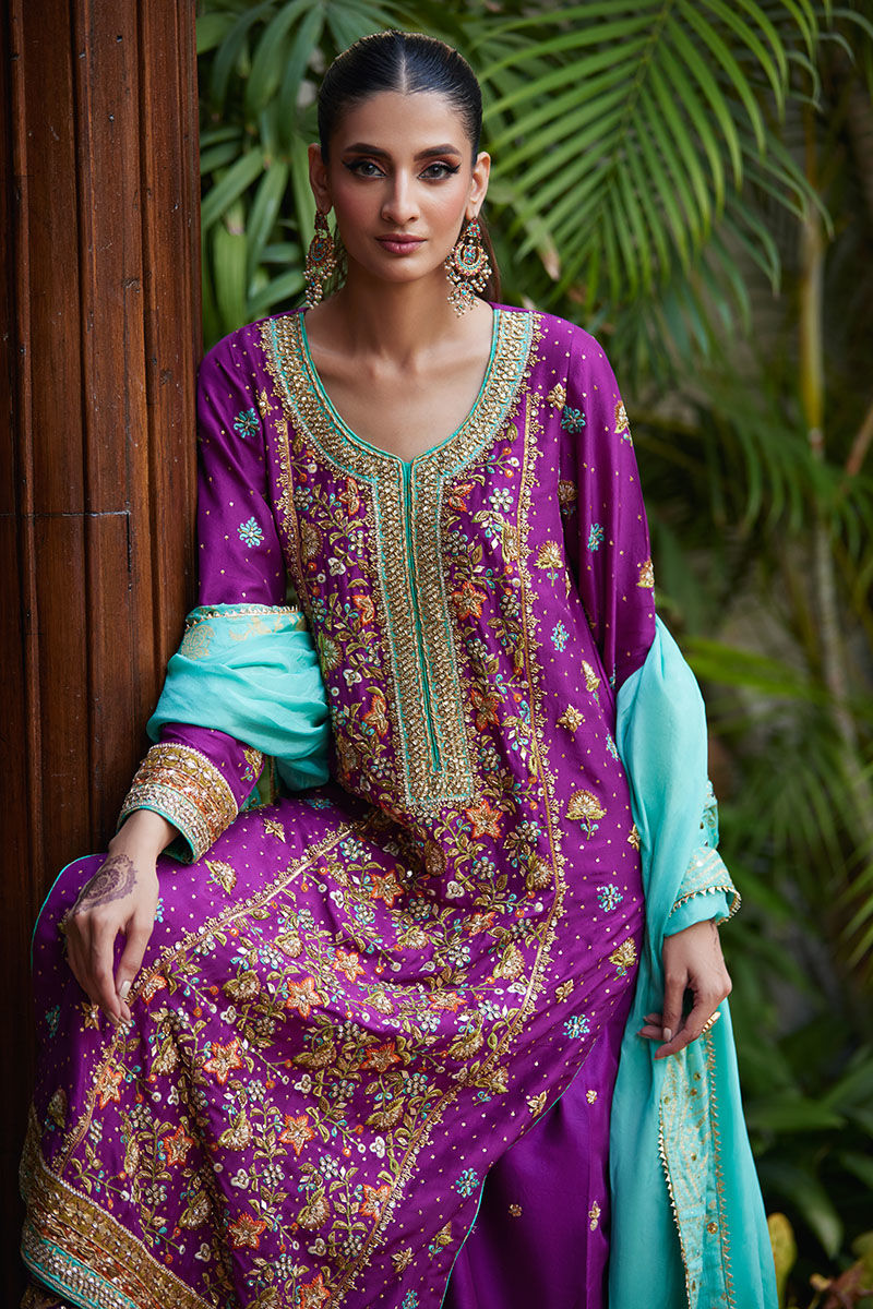 Pakistani Magenta Aqua Embroidered Raw Silk Salwar Kameez (3-Piece) - Image 2