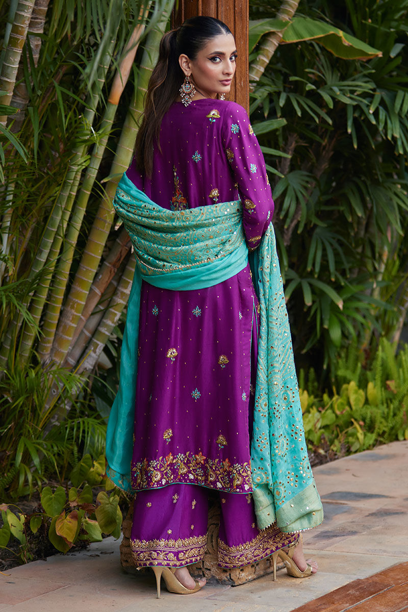 Pakistani Magenta Aqua Embroidered Raw Silk Salwar Kameez (3-Piece) - Image 3