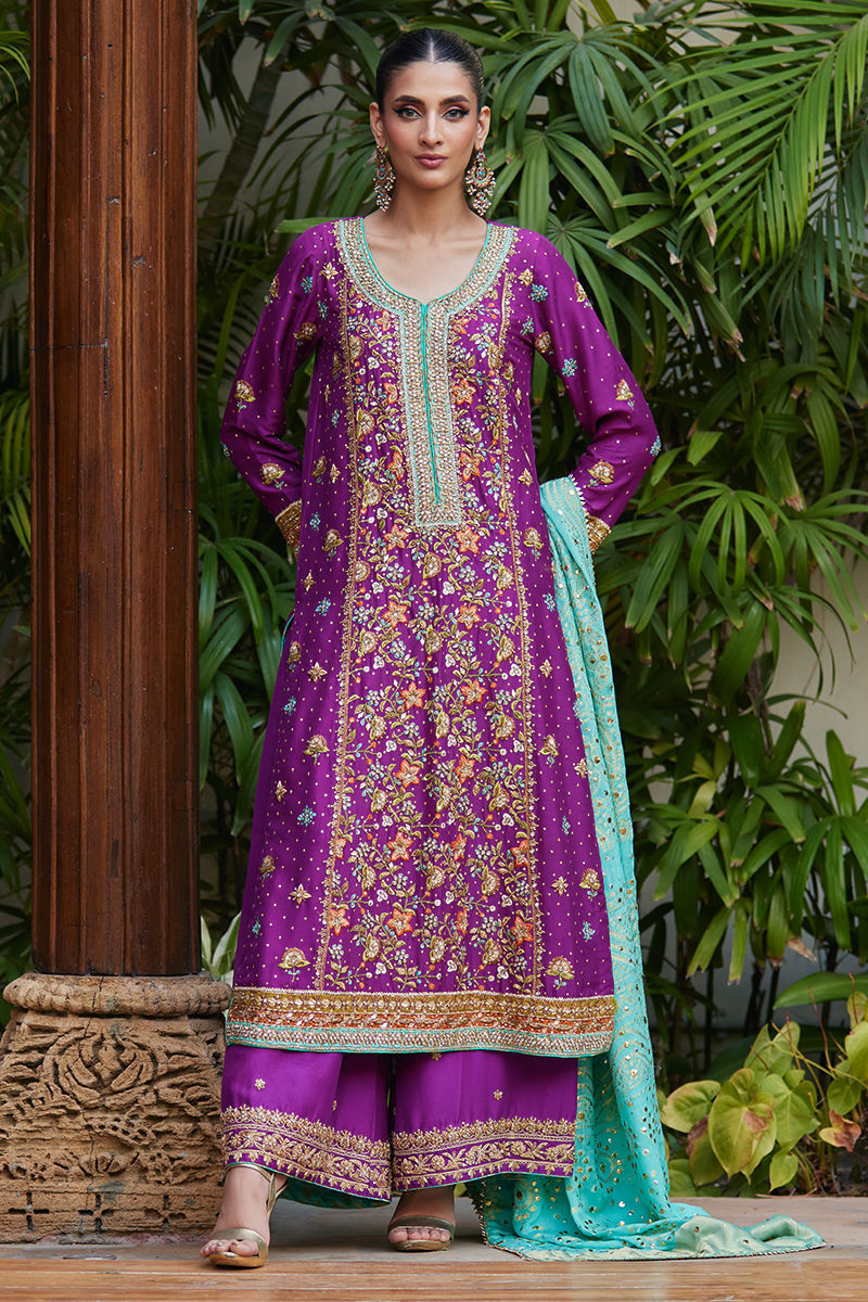 Pakistani Magenta Aqua Embroidered Raw Silk Salwar Kameez (3-Piece) - Image 4