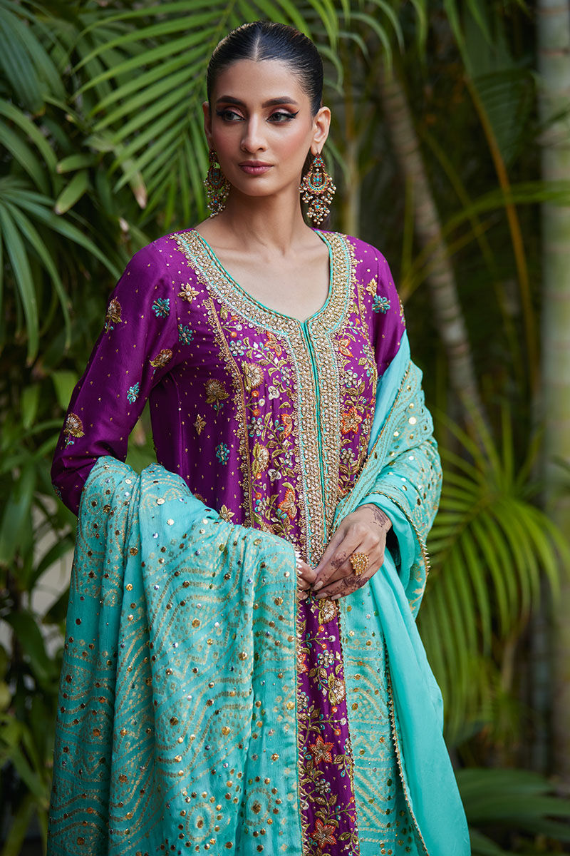 Pakistani Magenta Aqua Embroidered Raw Silk Salwar Kameez (3-Piece) - Image 5