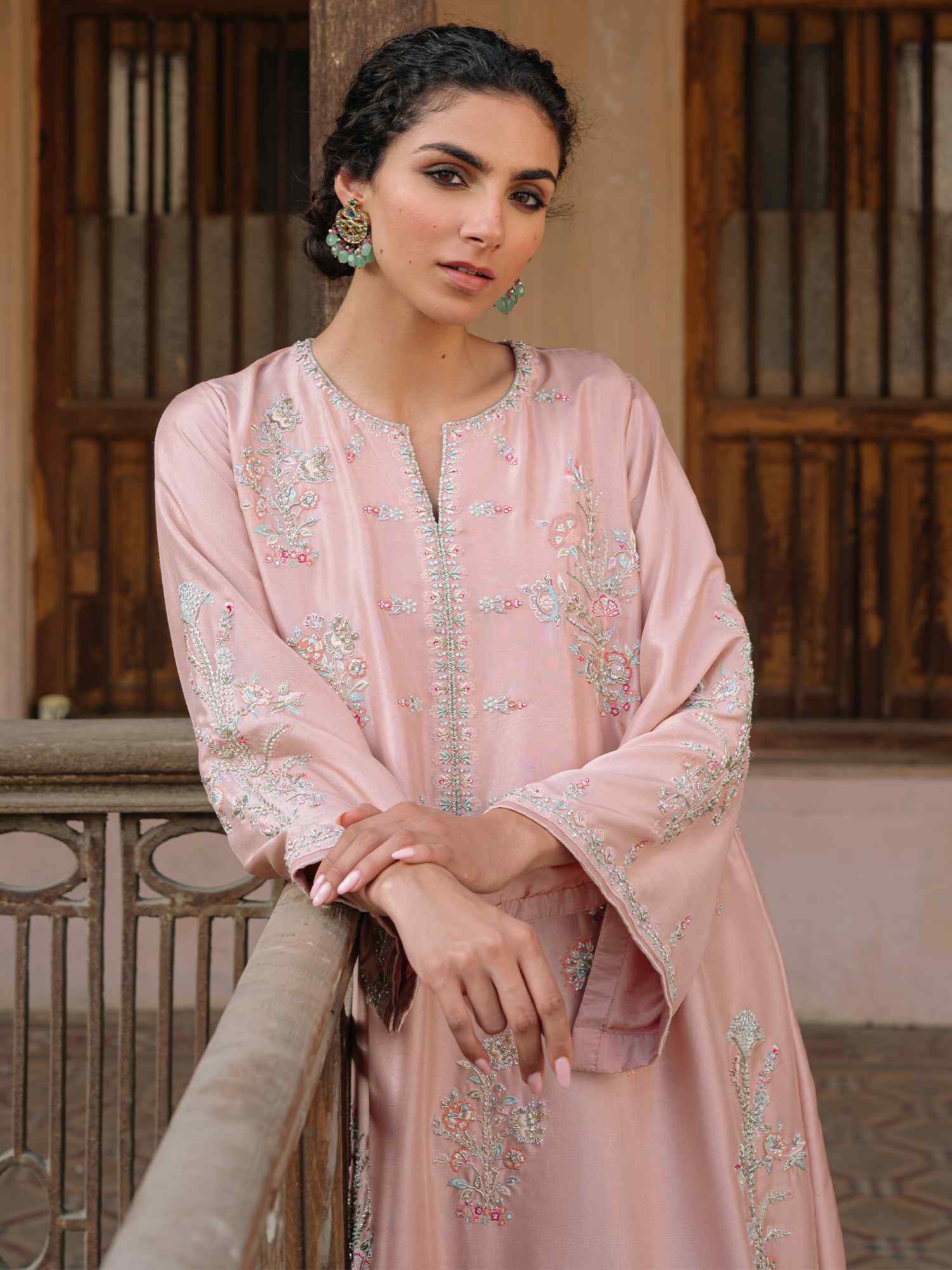 Peach Pink Embroidered Raw Silk Jalabiya Kurta (2-Piece) - Image 2