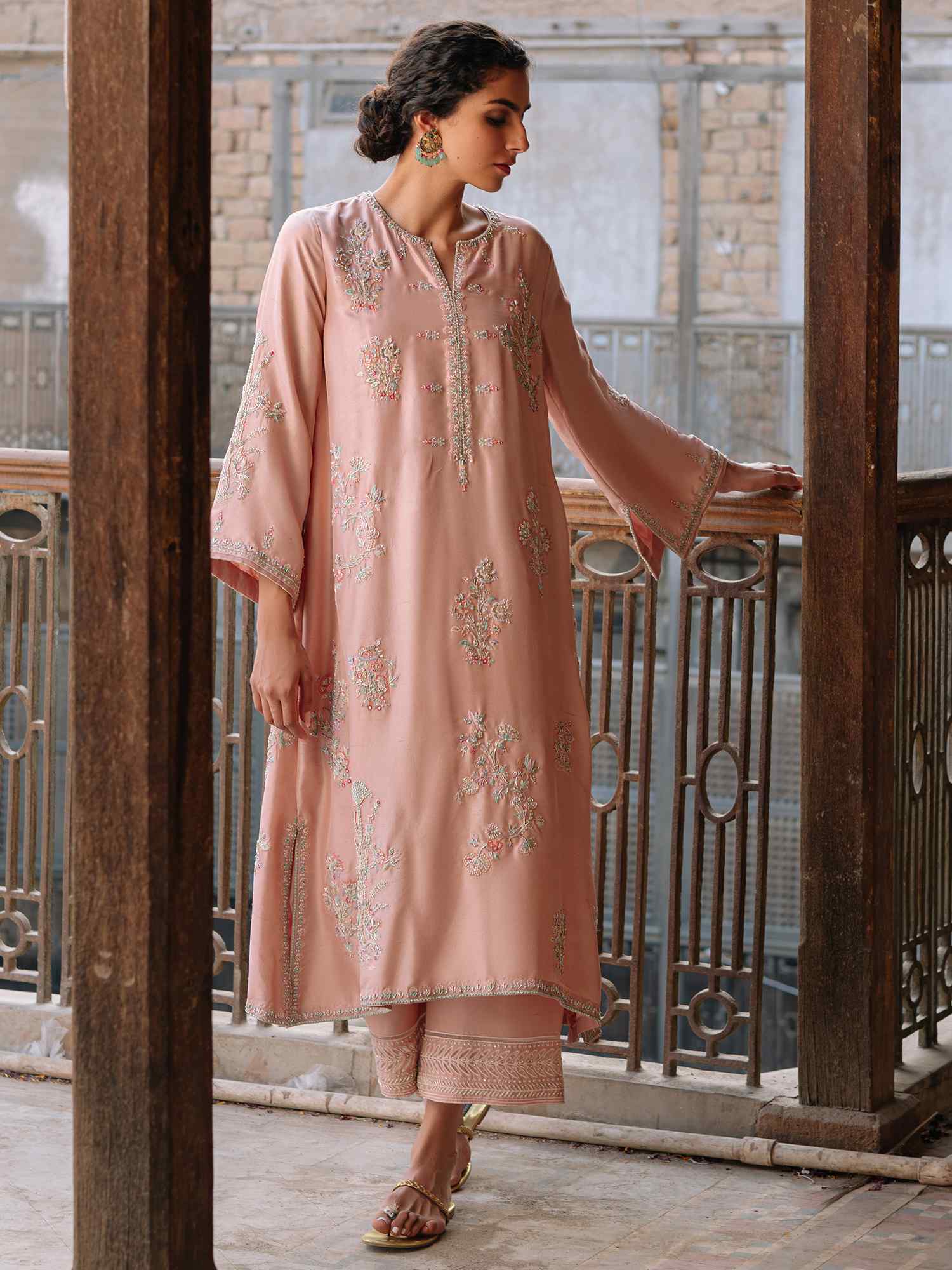 Peach Pink Embroidered Raw Silk Jalabiya Kurta (2-Piece) - Image 3