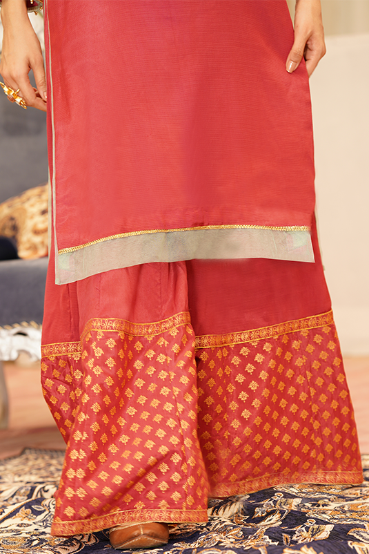 Pakistani Melon Pink Embroidered PK Raw Silk Salwar Kameez (3-Piece) - Image 1