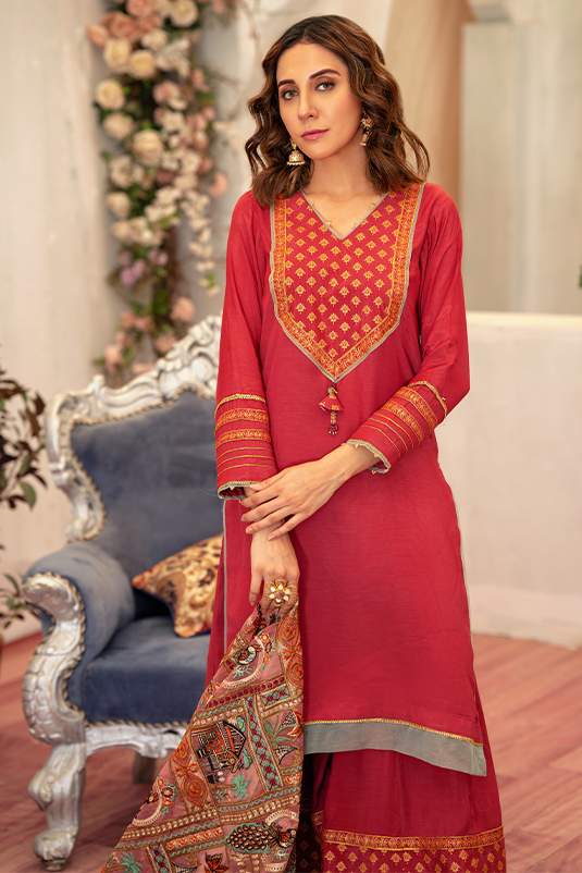 Pakistani Melon Pink Embroidered PK Raw Silk Salwar Kameez (3-Piece) - Image 3