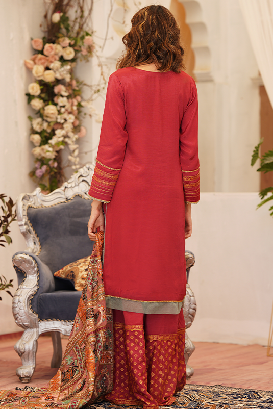 Pakistani Melon Pink Embroidered PK Raw Silk Salwar Kameez (3-Piece) - Image 4