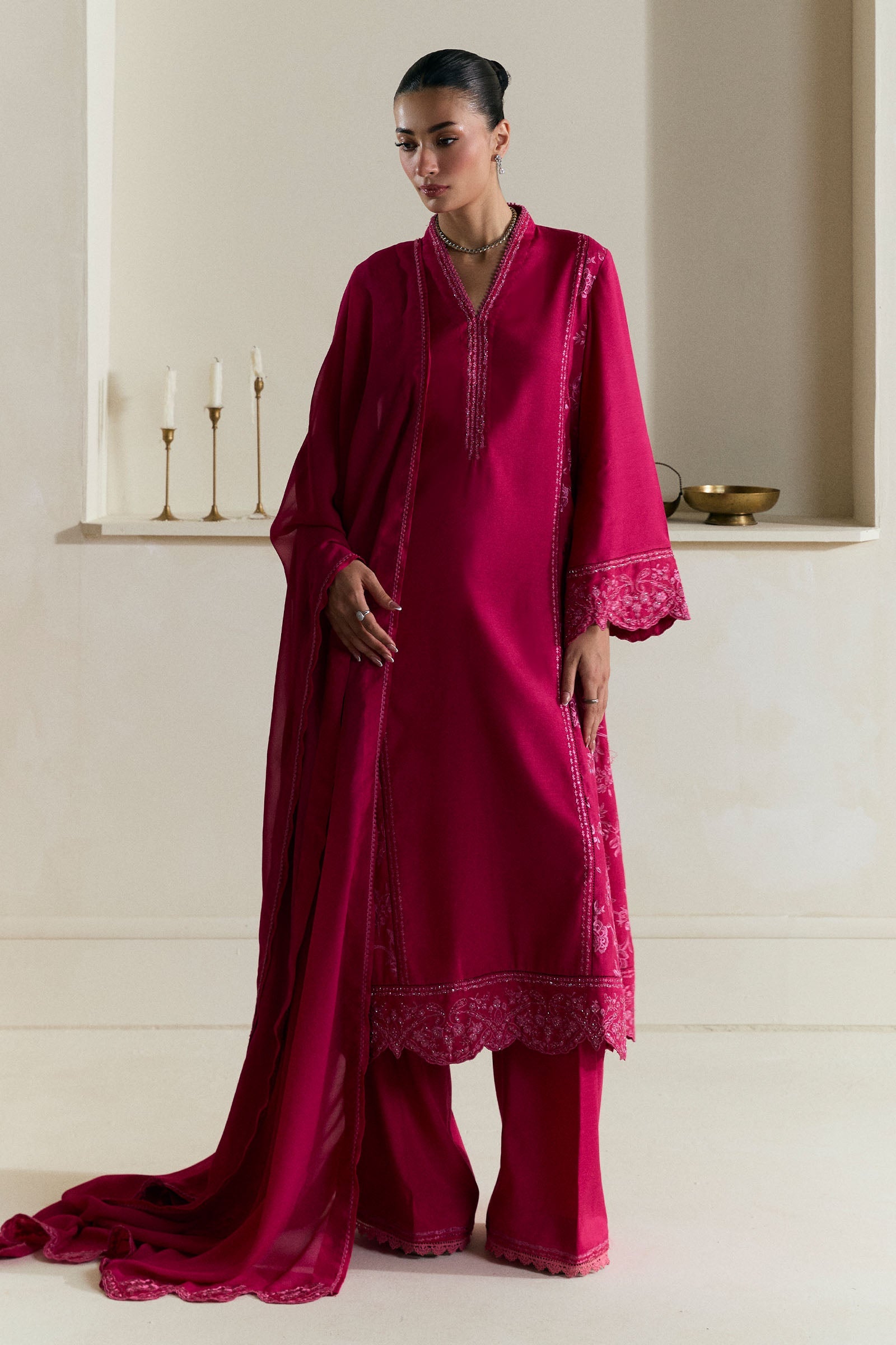 Raspberry Embroidered Medium Raw Silk Kurta Set (3-Piece) - Image 1