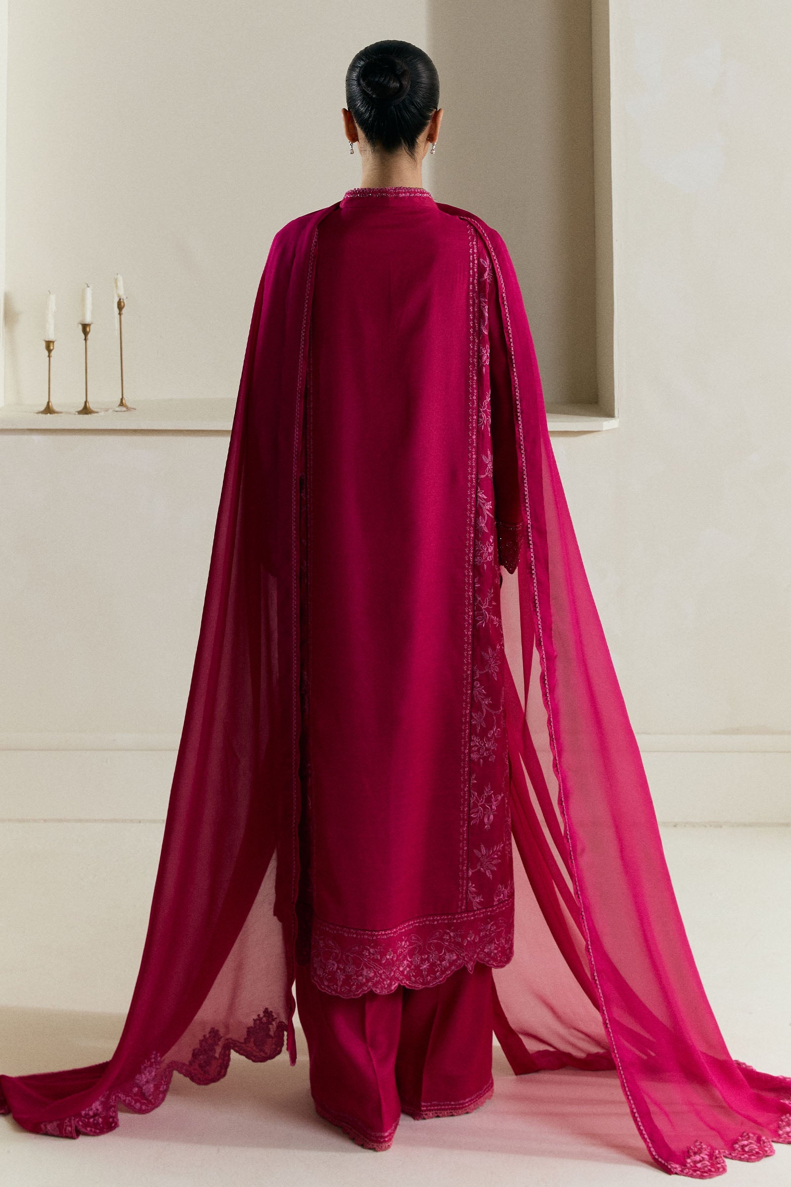 Raspberry Embroidered Medium Raw Silk Kurta Set (3-Piece) - Image 2