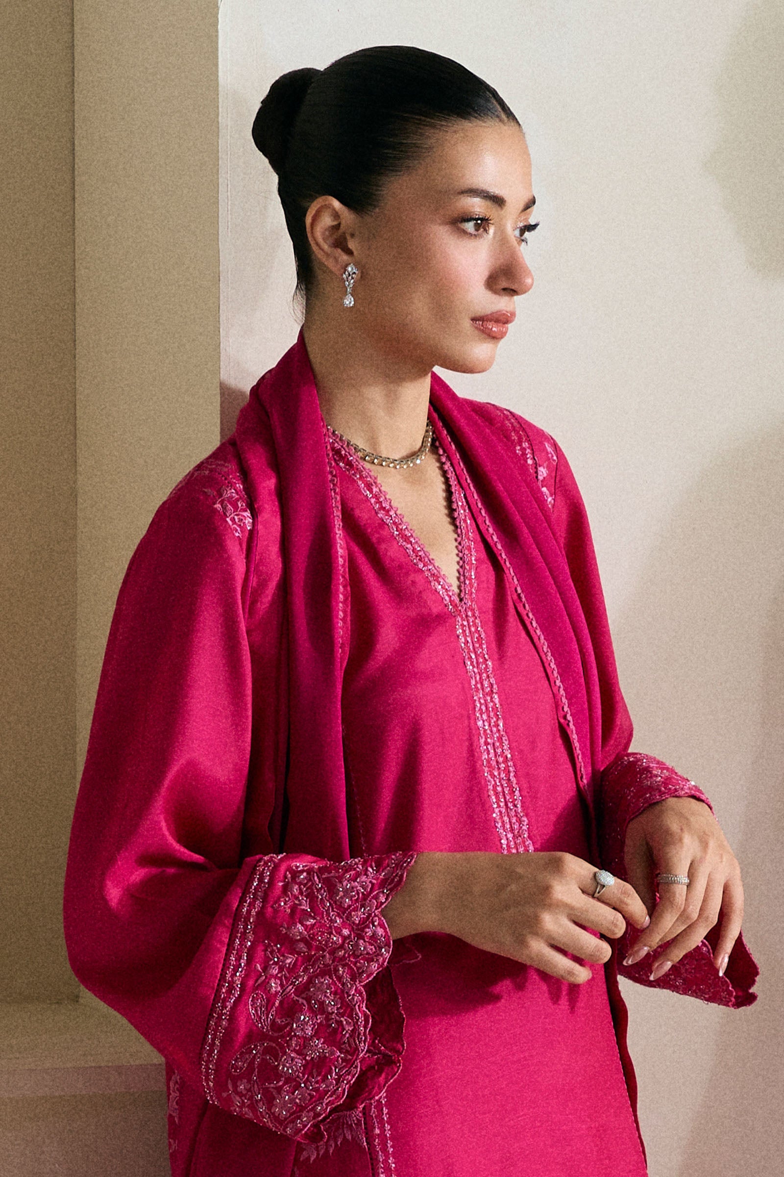 Raspberry Embroidered Medium Raw Silk Kurta Set (3-Piece) - Image 3