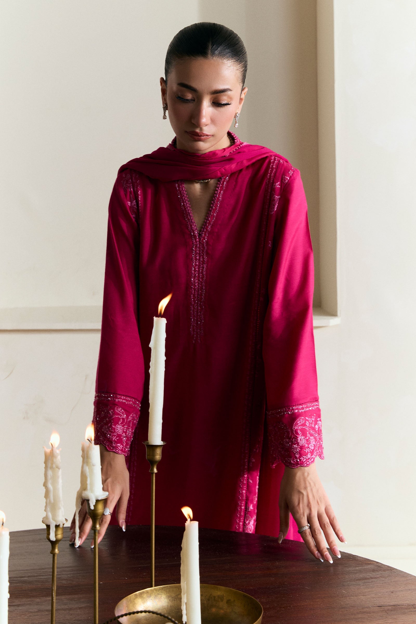 Raspberry Embroidered Medium Raw Silk Kurta Set (3-Piece) - Image 4
