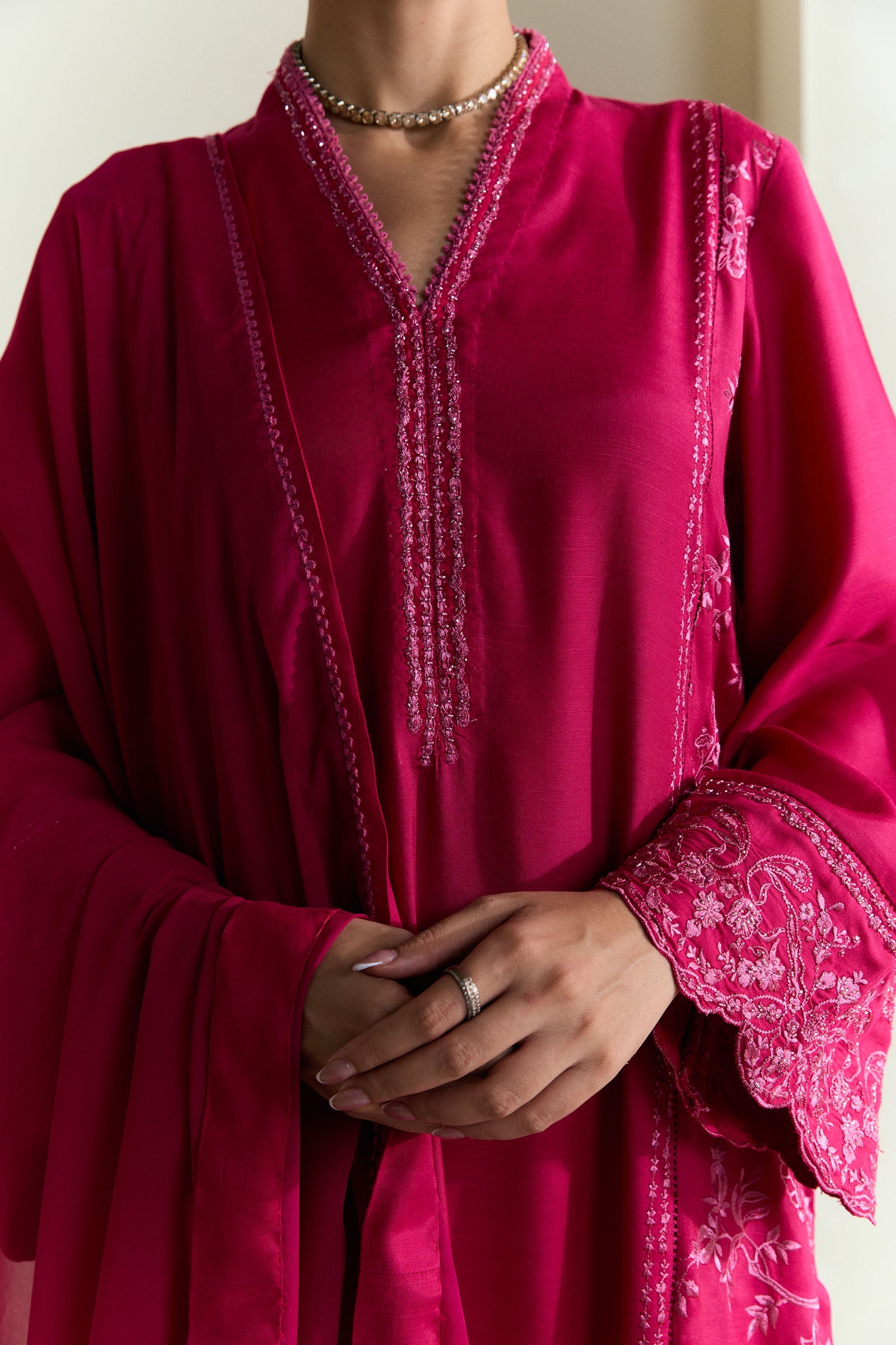 Raspberry Embroidered Medium Raw Silk Kurta Set (3-Piece) - Image 5