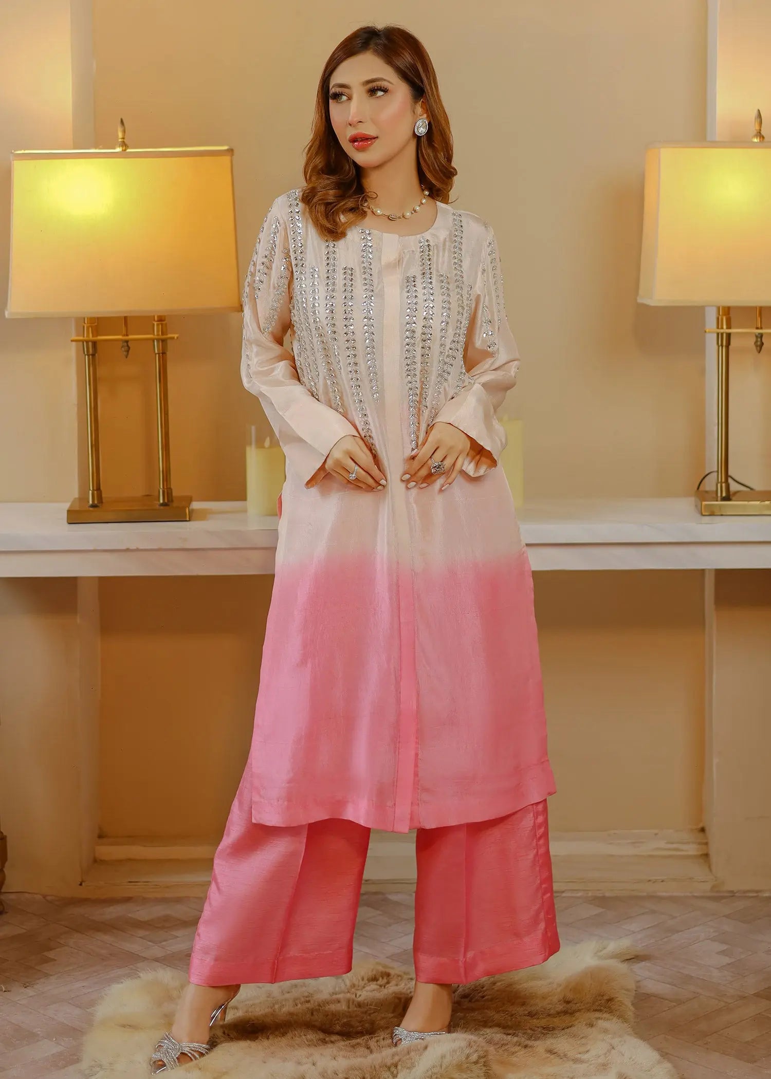Pink Ombre Embellished Raw Silk Kurta Set (3-Piece) - Image 1