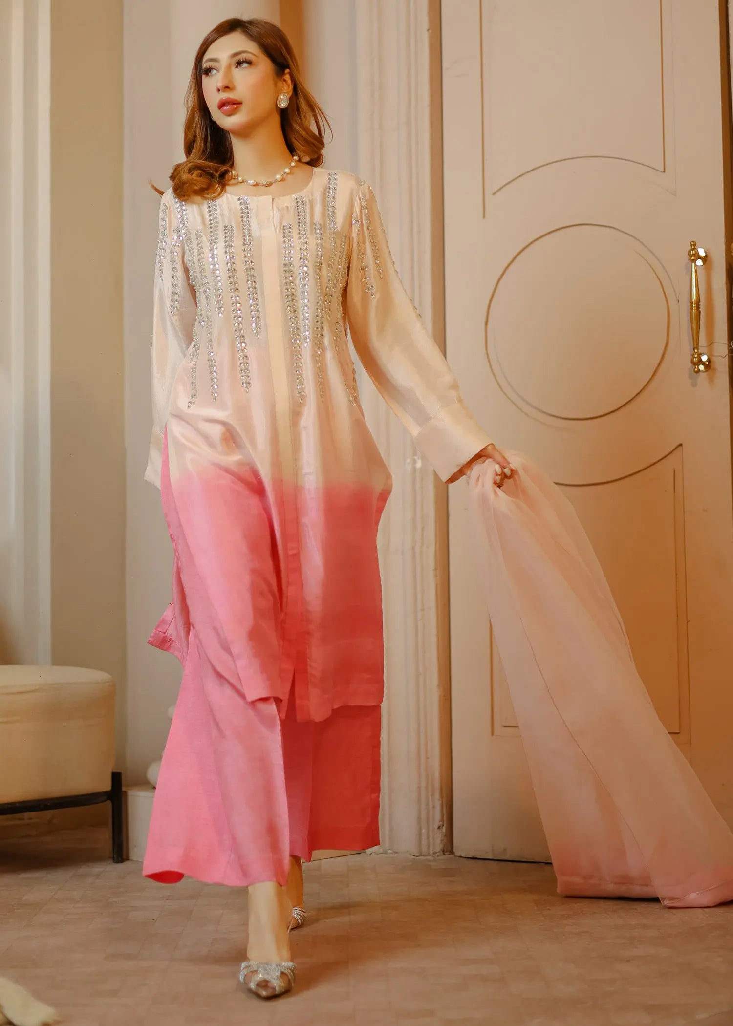 Pink Ombre Embellished Raw Silk Kurta Set (3-Piece) - Image 3