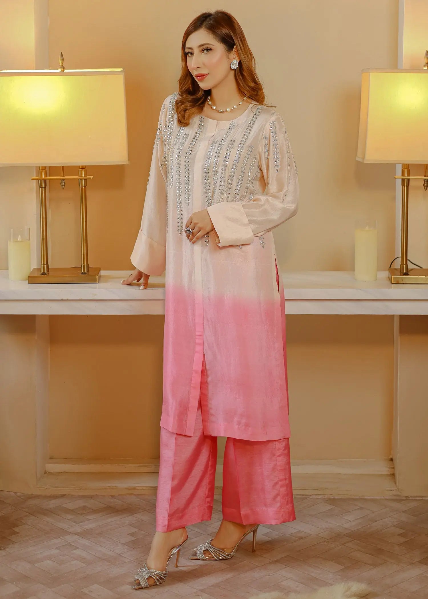 Pink Ombre Embellished Raw Silk Kurta Set (3-Piece) - Image 4