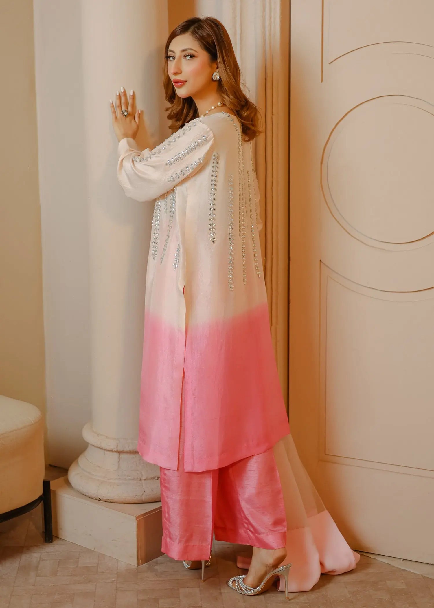 Pink Ombre Embellished Raw Silk Kurta Set (3-Piece) - Image 6