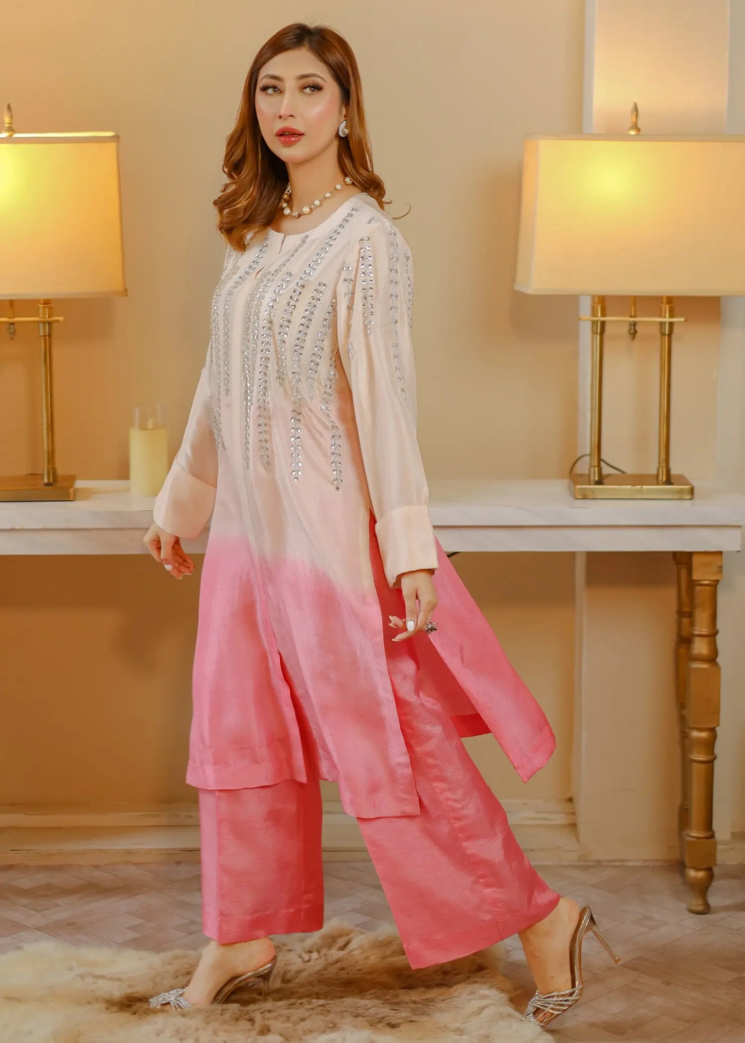 Pink Ombre Embellished Raw Silk Kurta Set (3-Piece) - Image 7