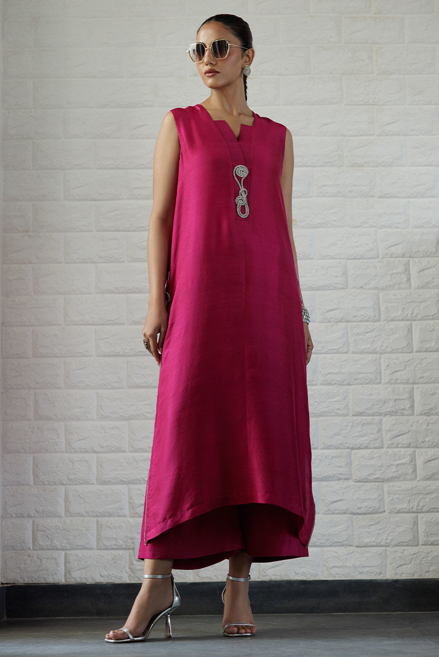 Magenta String-Detail Raw Silk Long Shirt (2-Piece) - Image 1