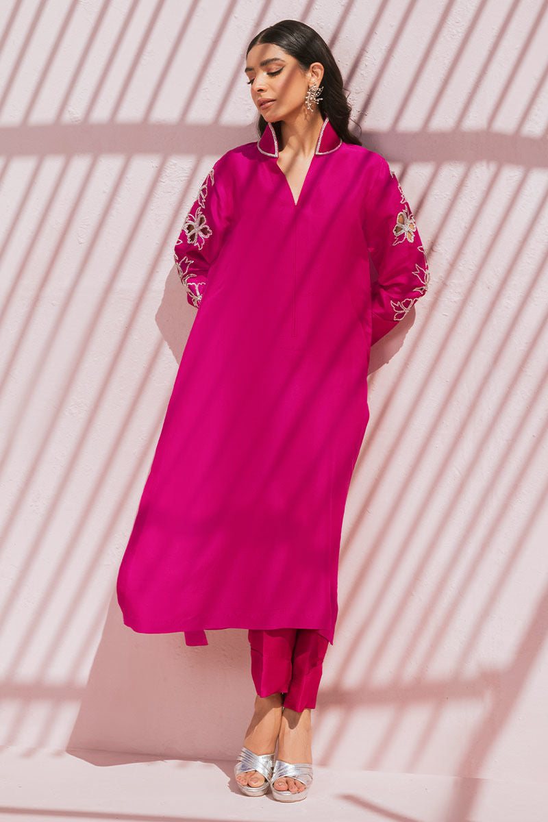 Pakistani Hot Pink Swarovski Embellished Raw Silk Shirt & Pant (2-Piece) - Image 1